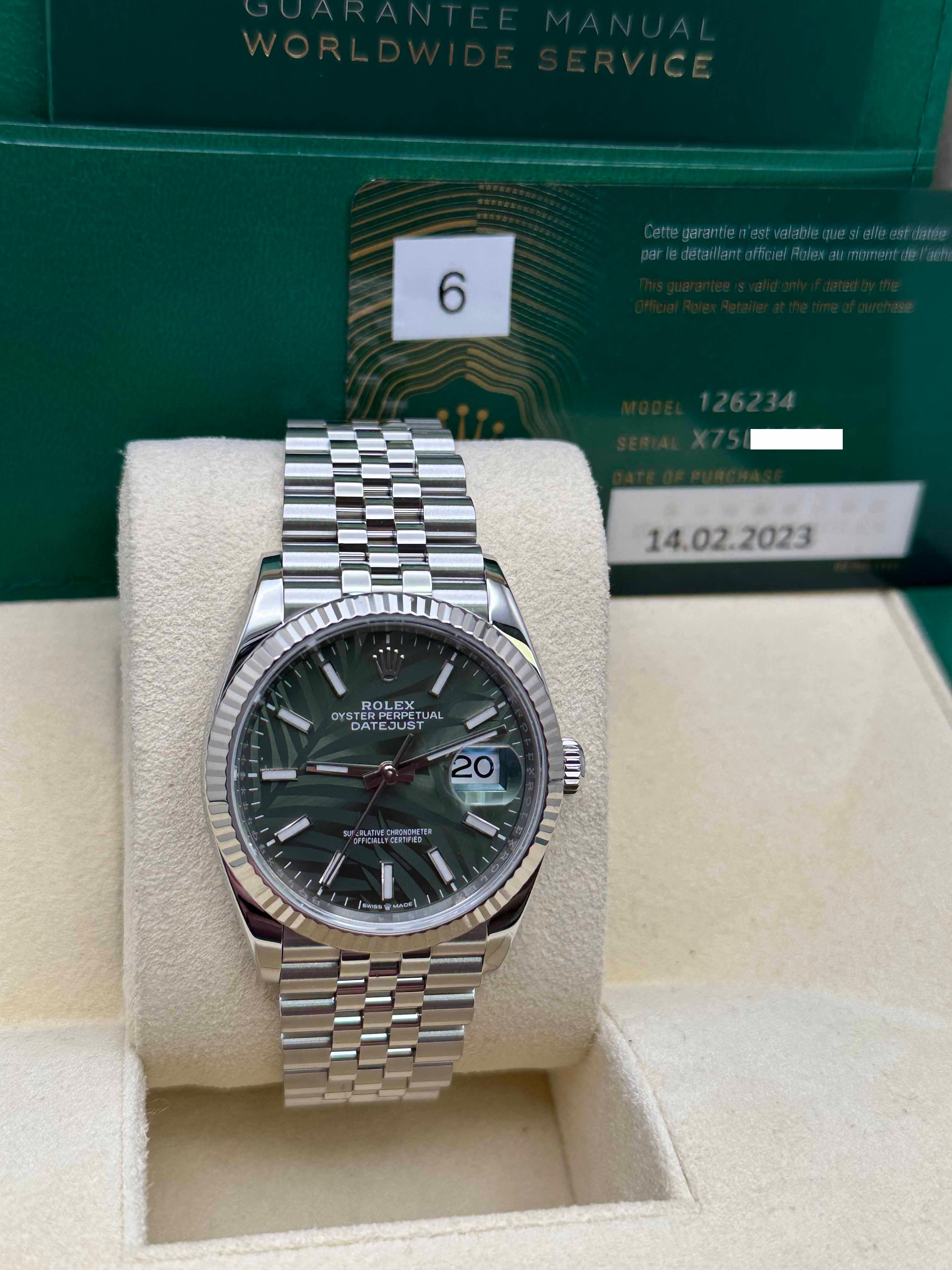 Rolex Datejust 126234 36mm Grünes Palmenmotiv Zifferblatt Edelstahl Box Papier 2023 Herren