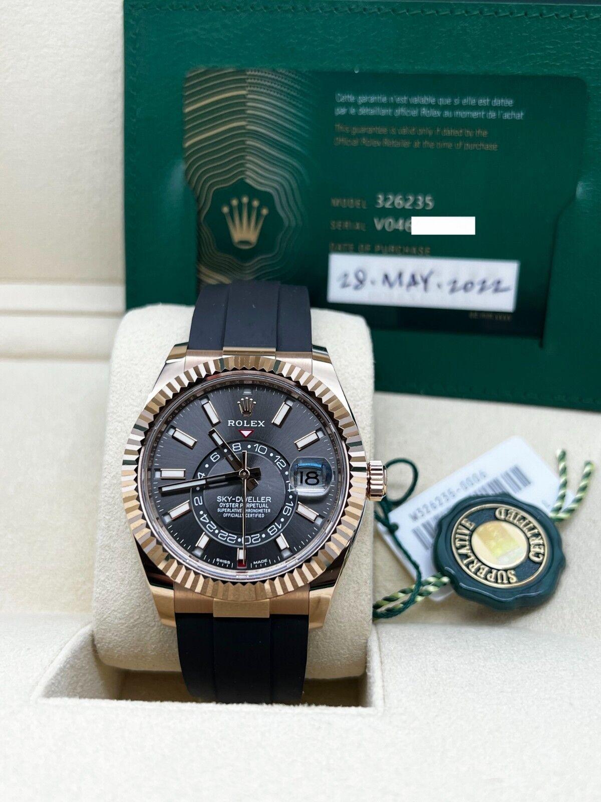 Style Number: 326235

Serial: V0464***

Year: 2022
 
Model: Sky Dweller
 
Case Material: 18K Rose Gold 
 
Band: Black Rubber Strap 
 
Bezel: 18K Rose Gold 
 
Dial: Rhodium 
 
Face: Sapphire Crystal 
 
Case Size: 42mm
 
Includes: 
-Rolex Box &