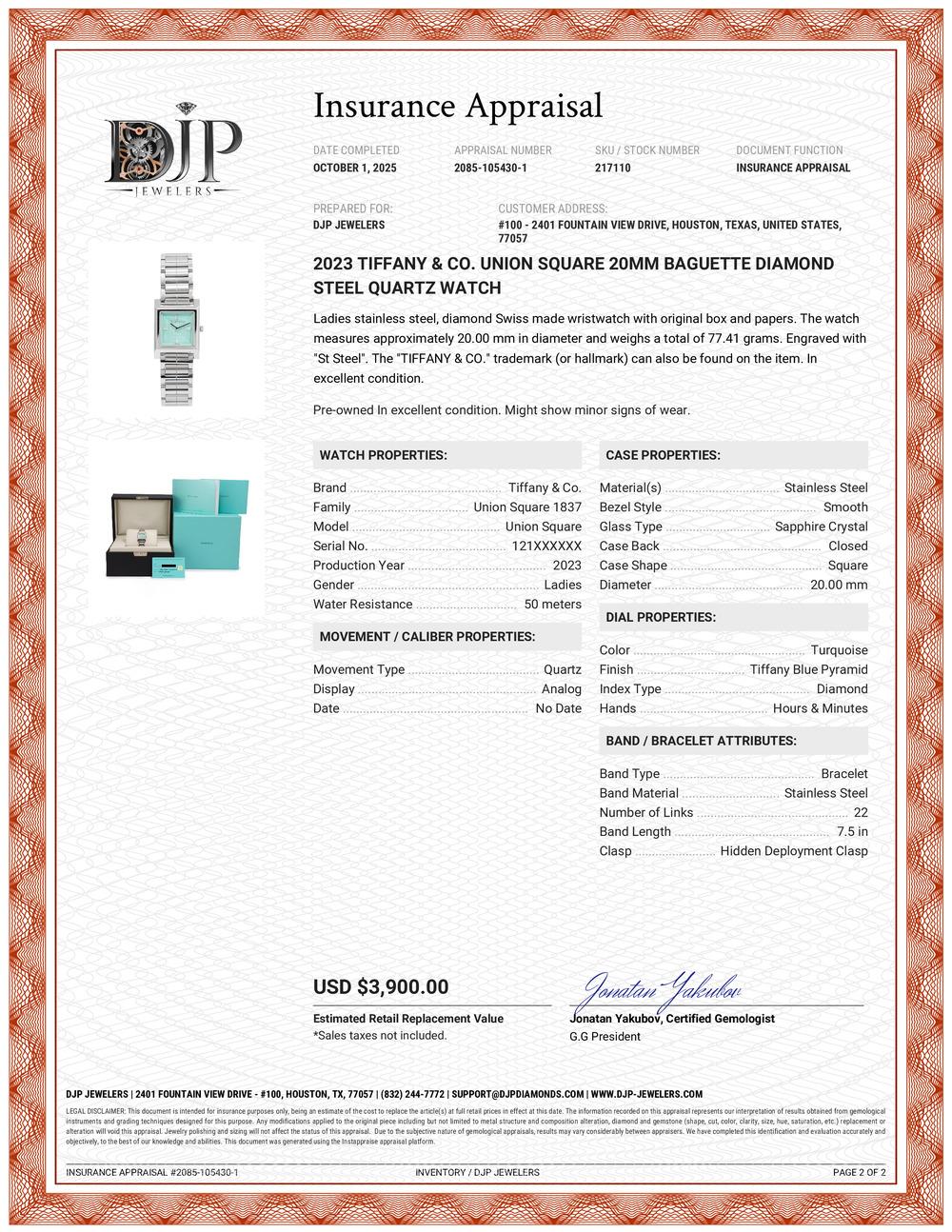 2023 Tiffany & Co. Reloj de cuarzo de acero con diamantes Union Square 20MM Baguette 5