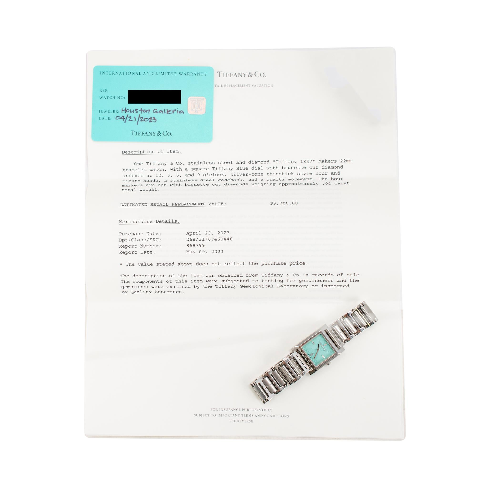 2023 Tiffany & Co. Reloj de cuarzo de acero con diamantes Union Square 20MM Baguette 4