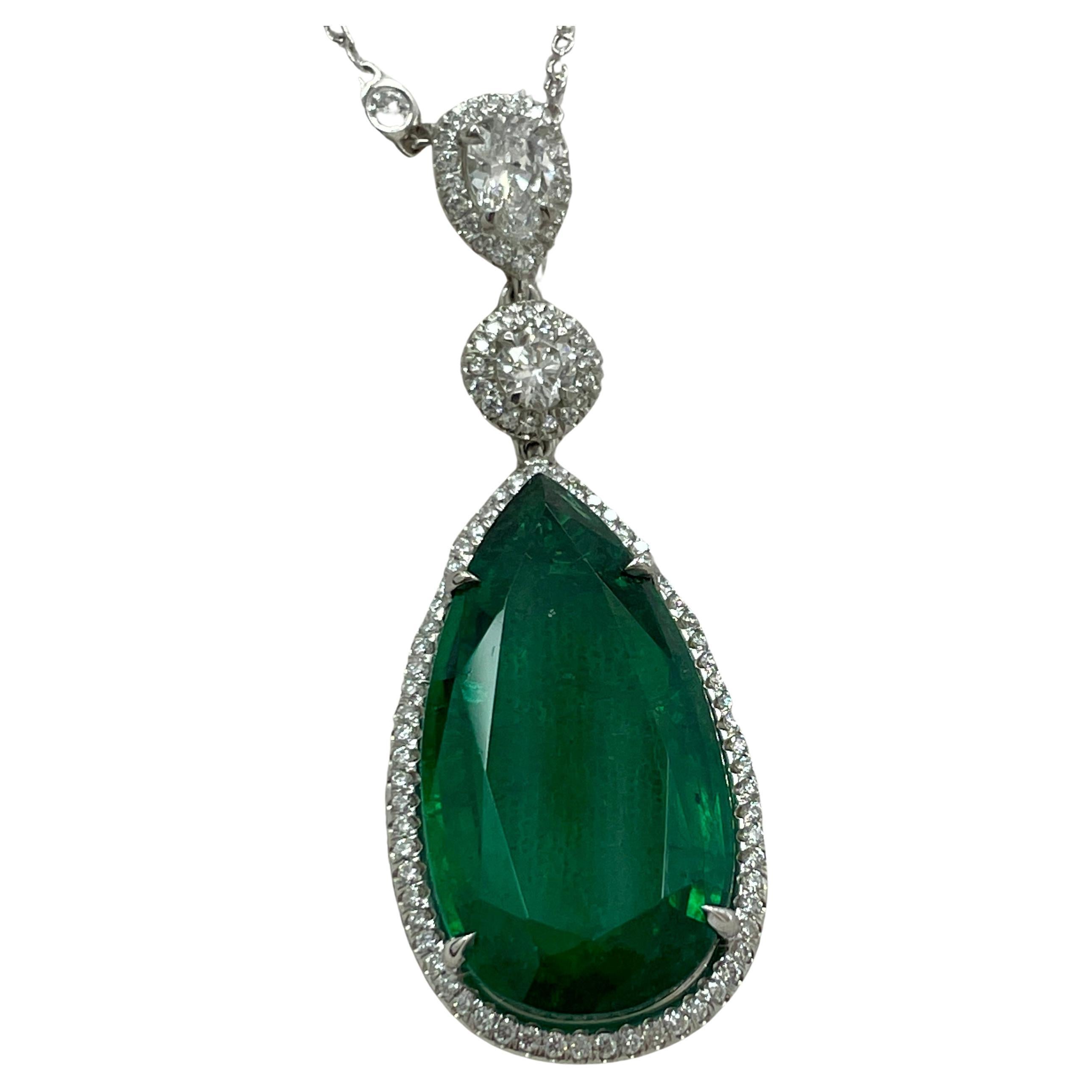 20.23Ct Pear Shape Emerald & Diamond Pendant on Diamond by the Yard Chain