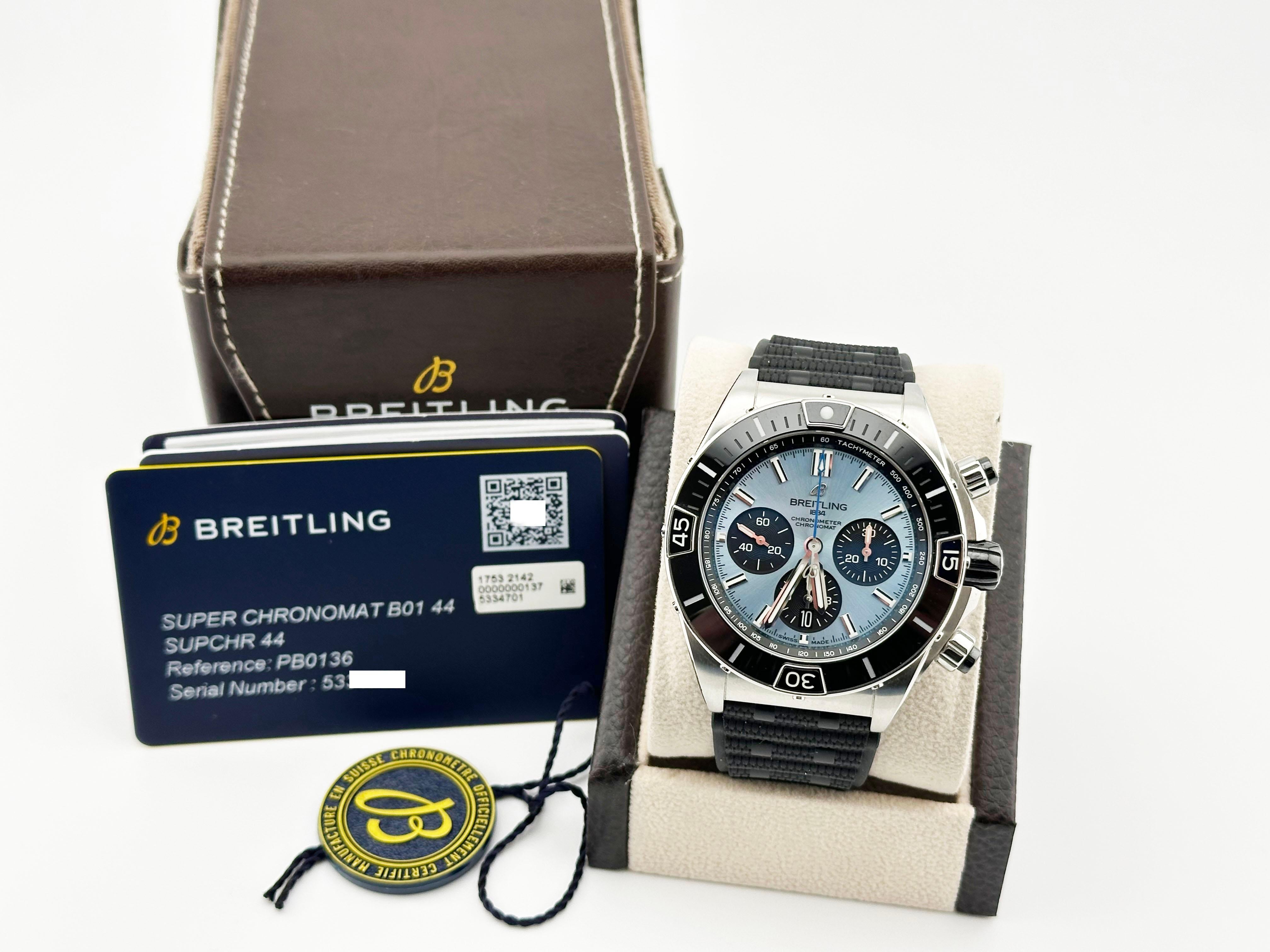 Style Number: PB0136



Year: 2024

 

Model: Breitling Chronomat B01 44mm

 

Case Material: Stainless Steel 

 

Band: Black Rubber 

 

Bezel: Black Ceramic 

 

Dial:  Ice Blue 

 

Face: Sapphire Crystal 

 

Case Size: 44mm 

 

Includes: