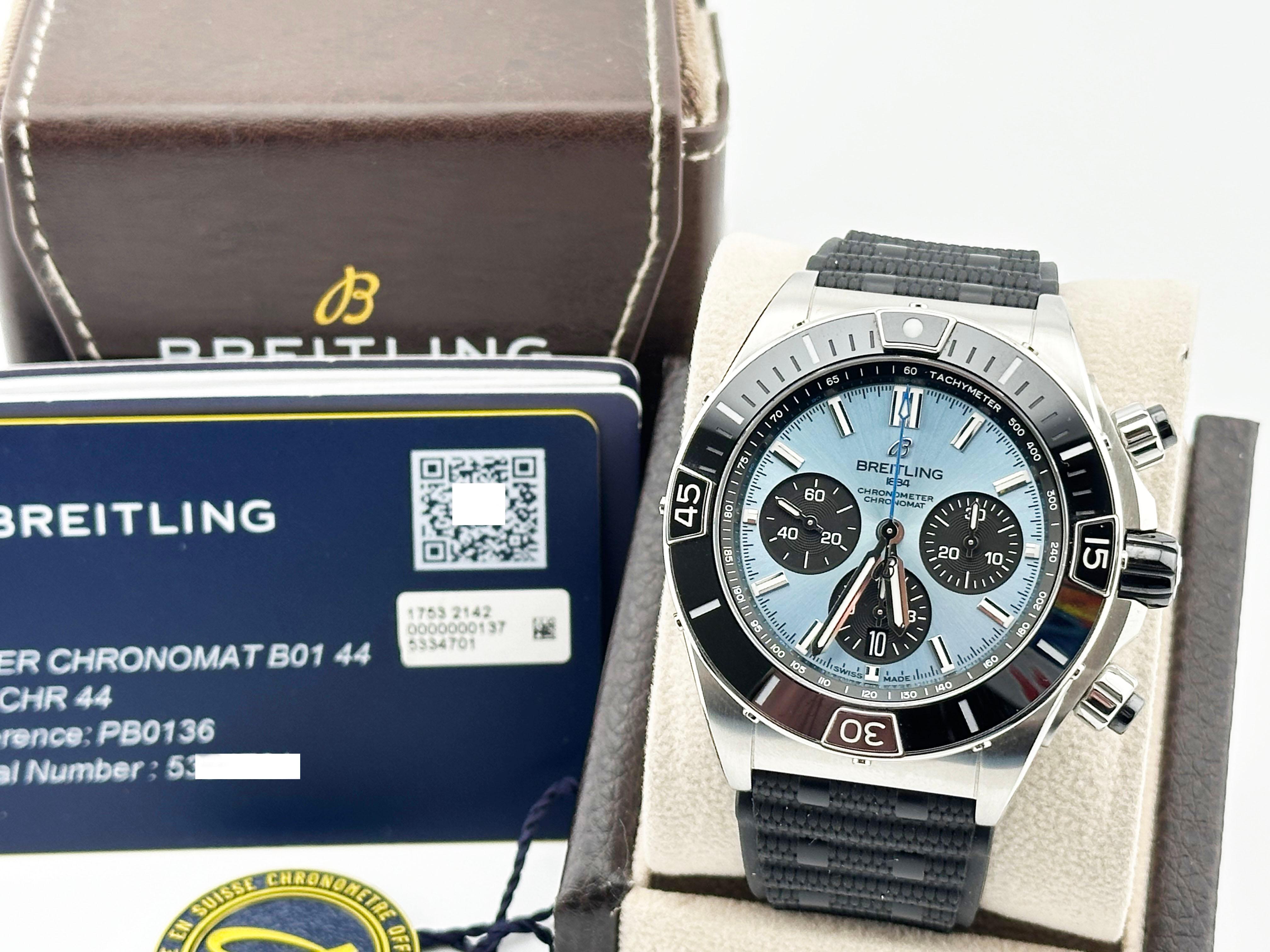 2024 Breitling Chronomat B01 PB0136 44mm Ice Blue Stainless Steel Box Paper In Excellent Condition For Sale In San Diego, CA
