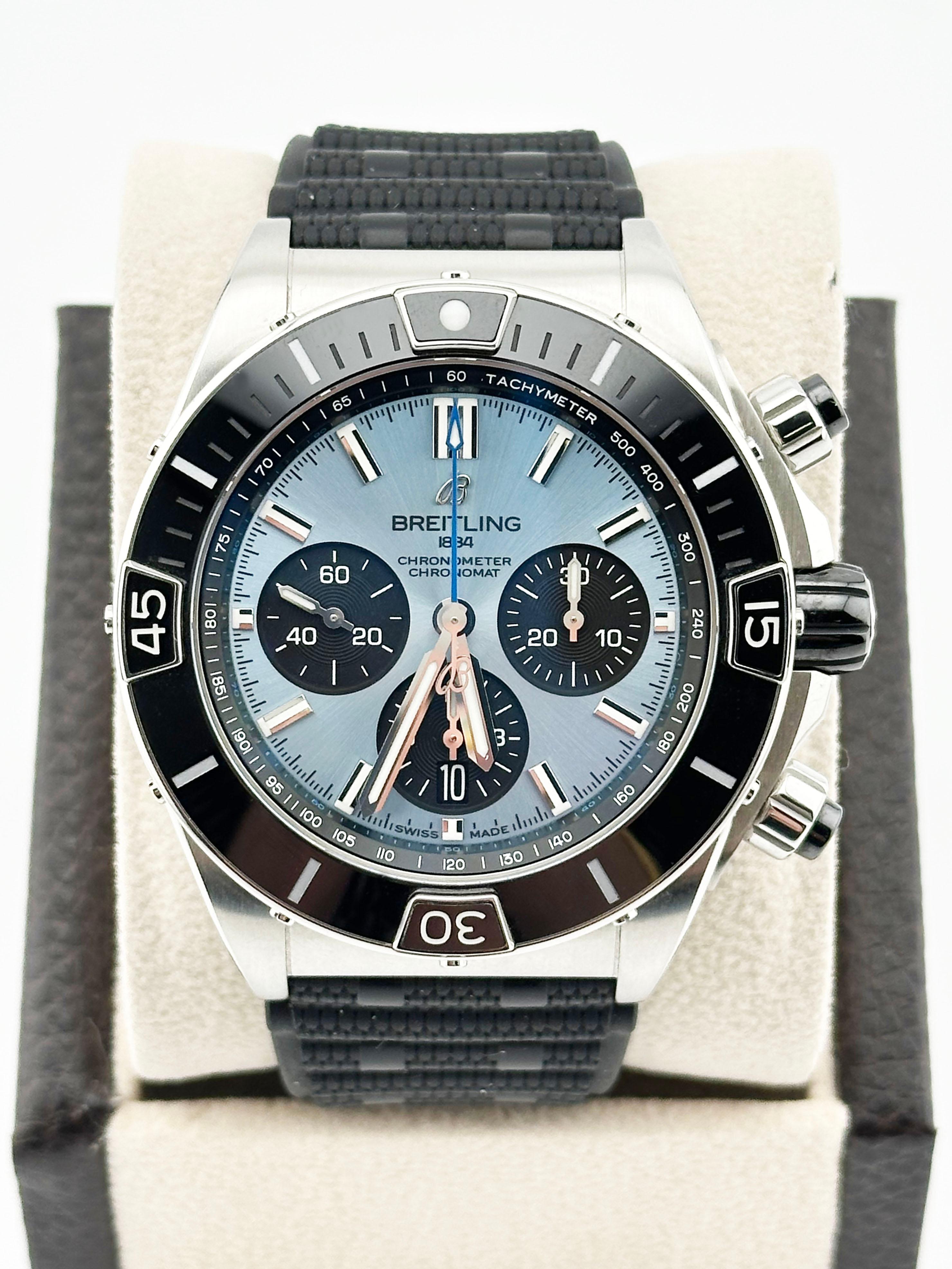 Men's 2024 Breitling Chronomat B01 PB0136 44mm Ice Blue Stainless Steel Box Paper For Sale