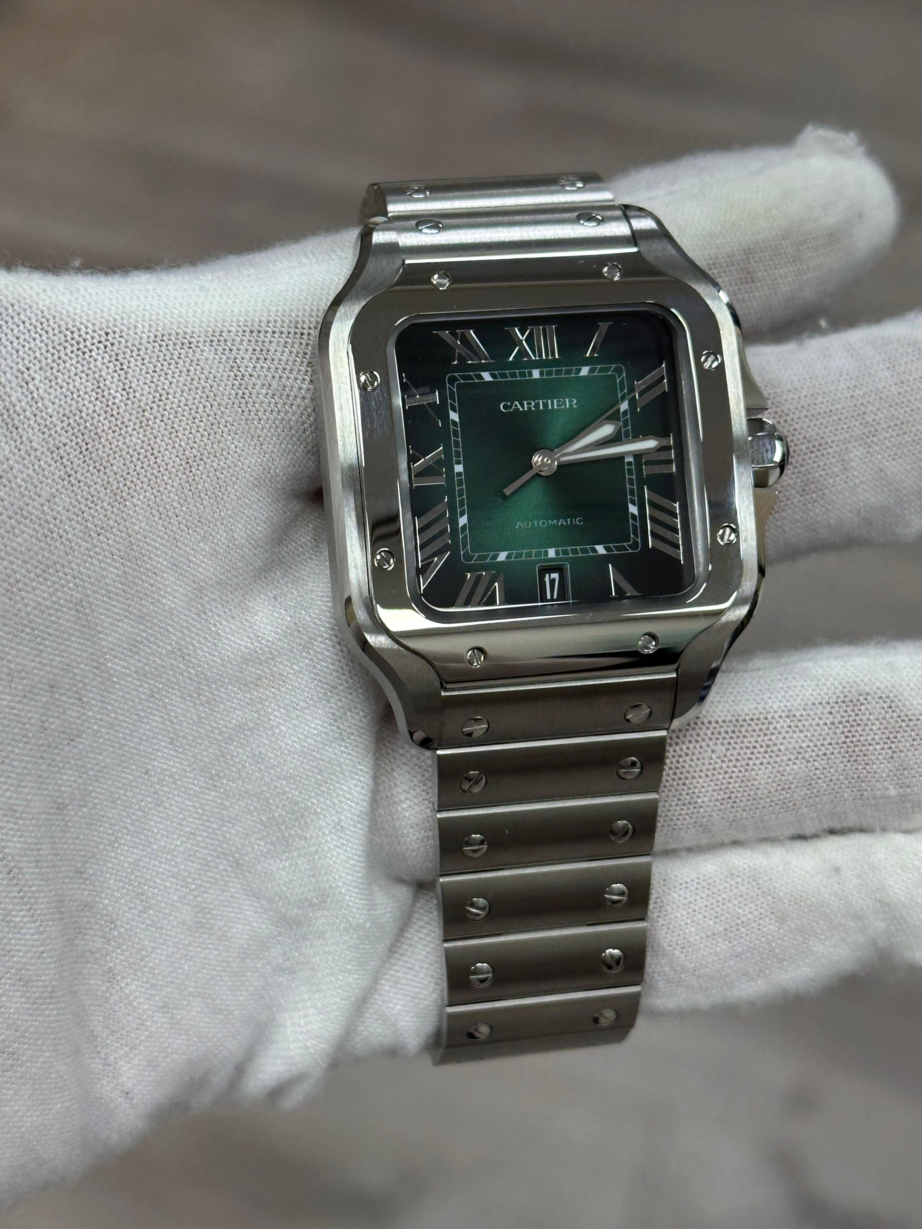 2024 Cartier Santos de Cartier Large WSSA0062 4072 Green Dial Steel Box Papers In Excellent Condition In San Diego, CA