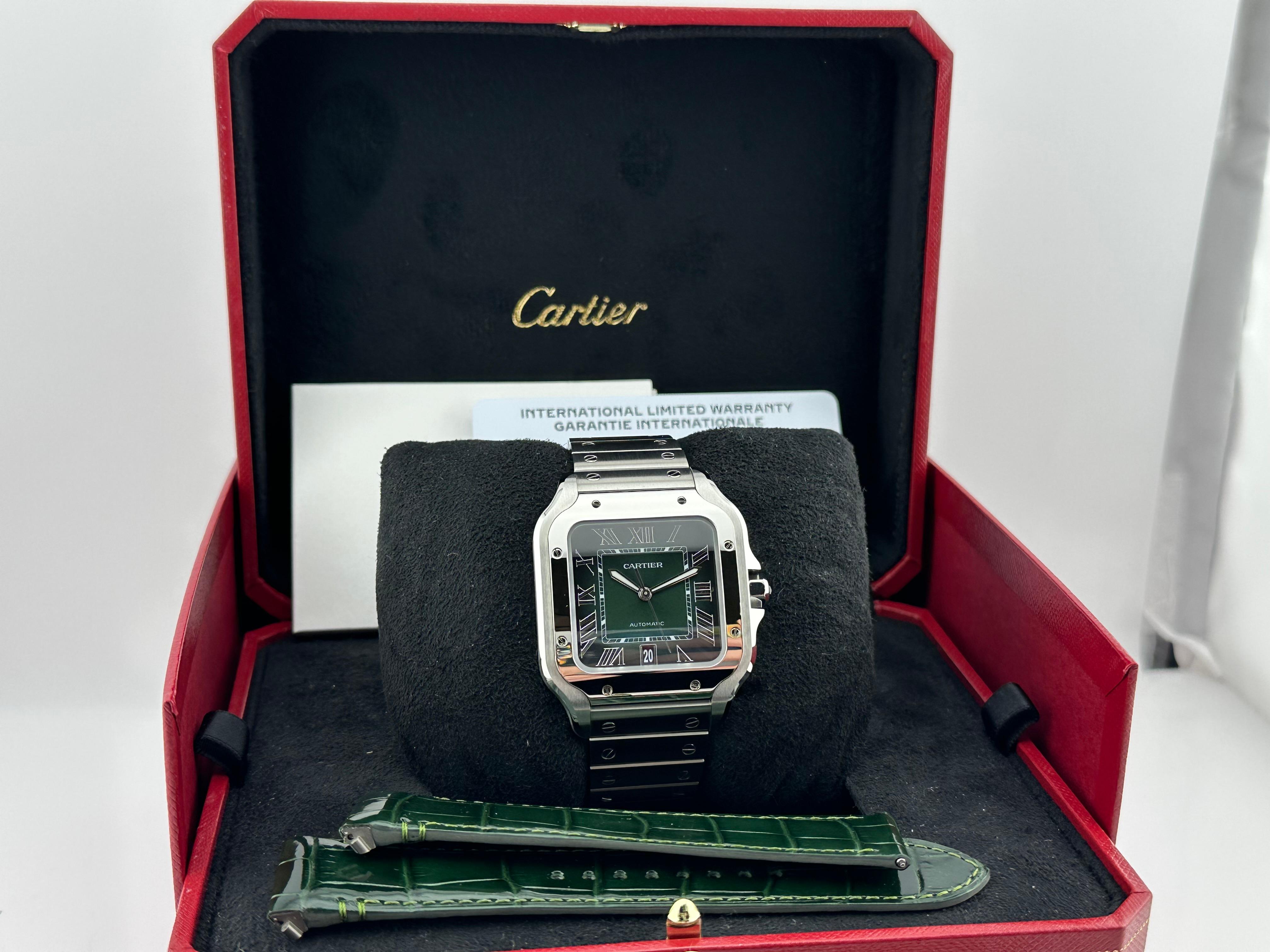 Men's 2024 Cartier Santos de Cartier Large WSSA0062 4072 Green Dial Steel Box Papers
