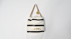 2024 Chanel Mini 22 Black & White Striped Shiny Calfskin Hobo Bag