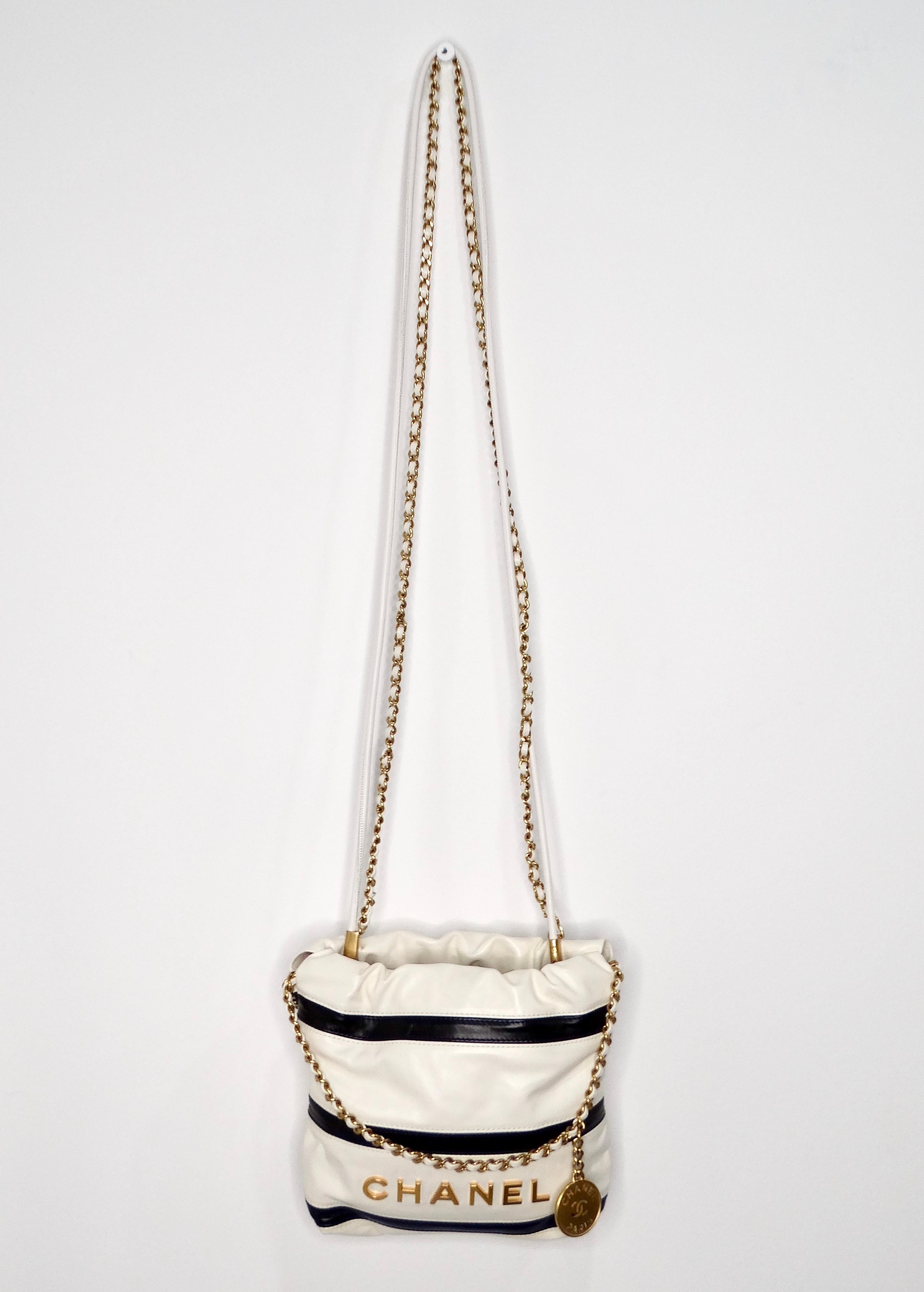 Beige 2024 Chanel Mini 22 Black & White Striped Shiny Calfskin Hobo Bag For Sale