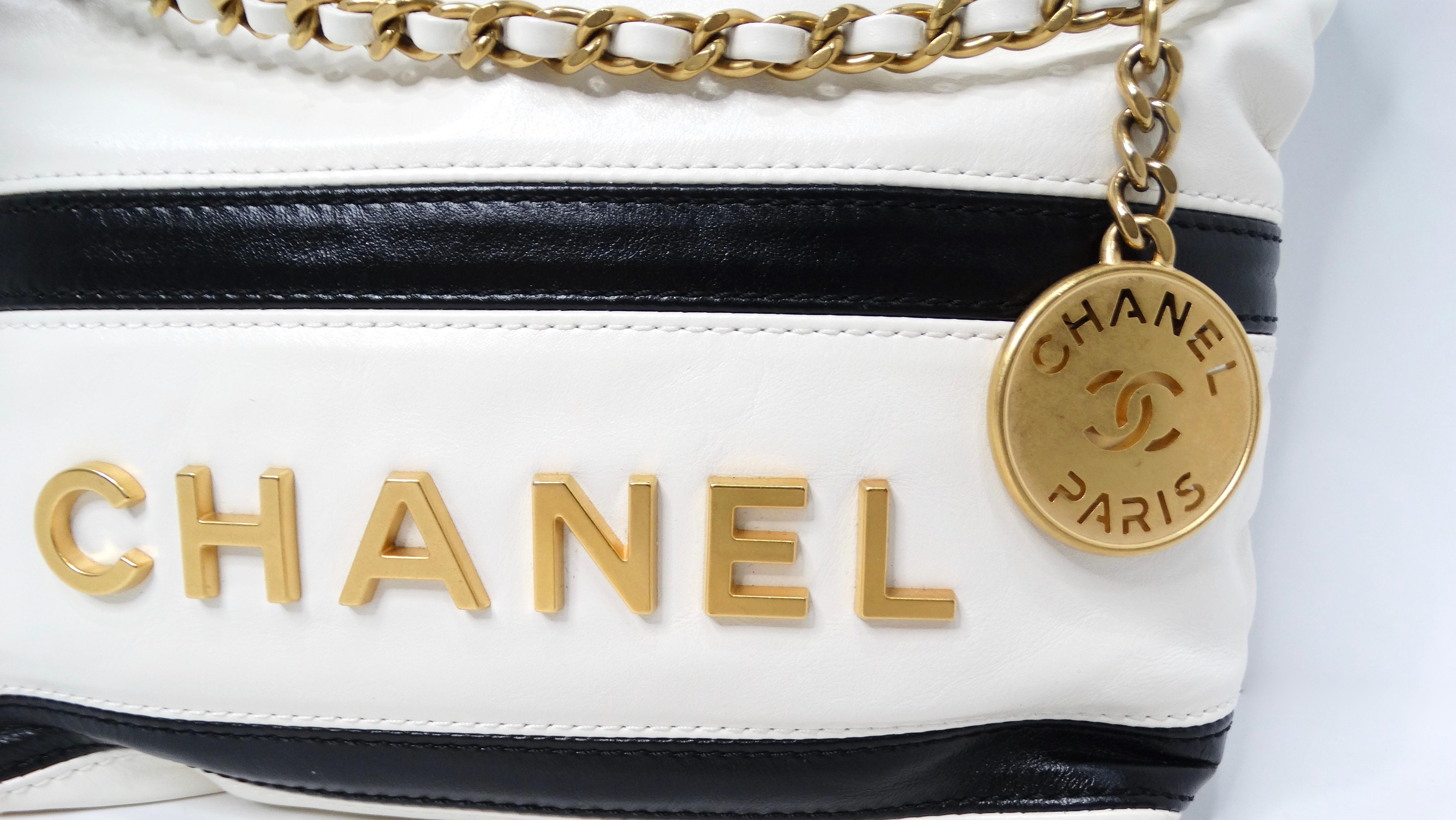 2024 Chanel Mini 22 Black & White Striped Shiny Calfskin Hobo Bag For Sale 1