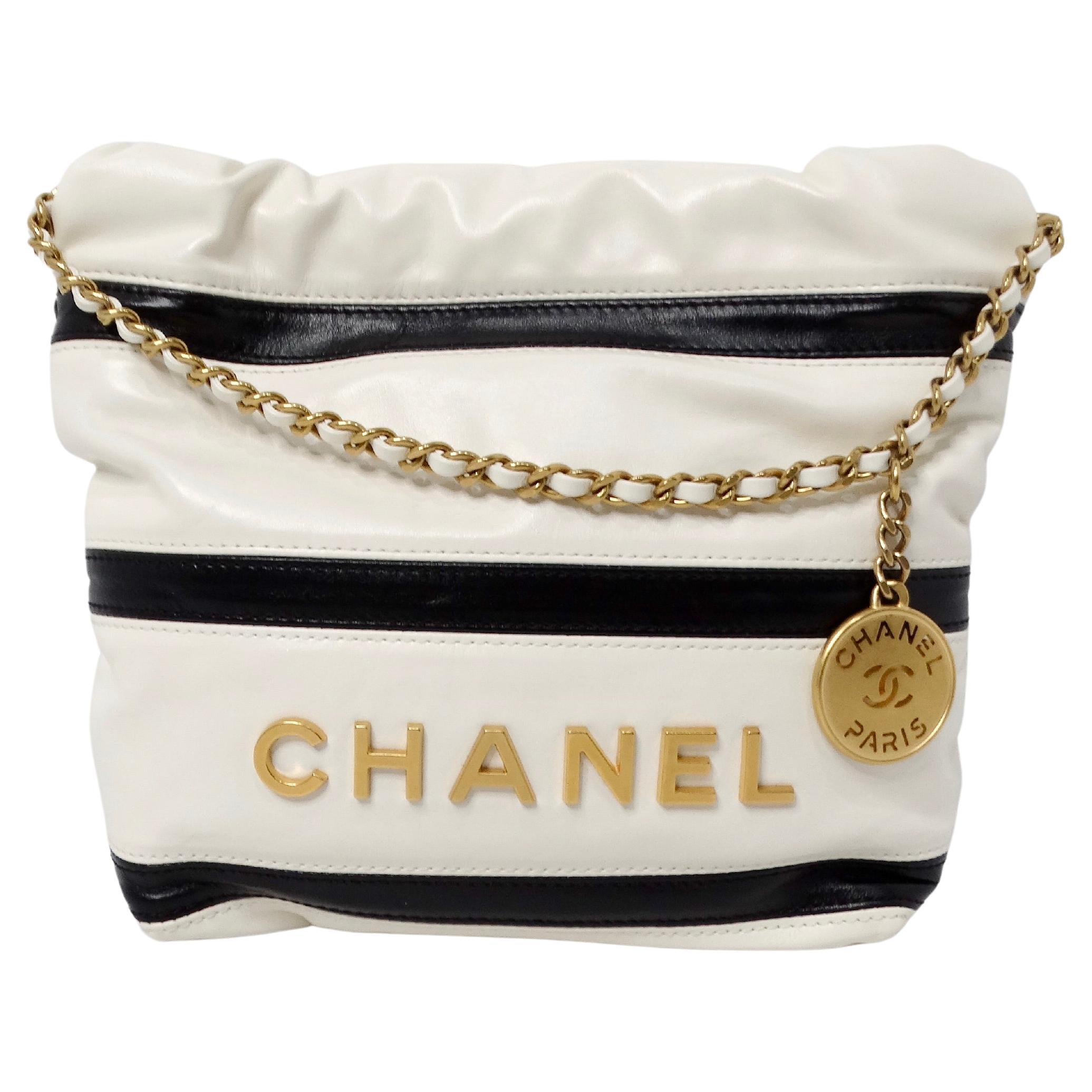 2024 Chanel Mini 22 Black & White Striped Shiny Calfskin Hobo Bag