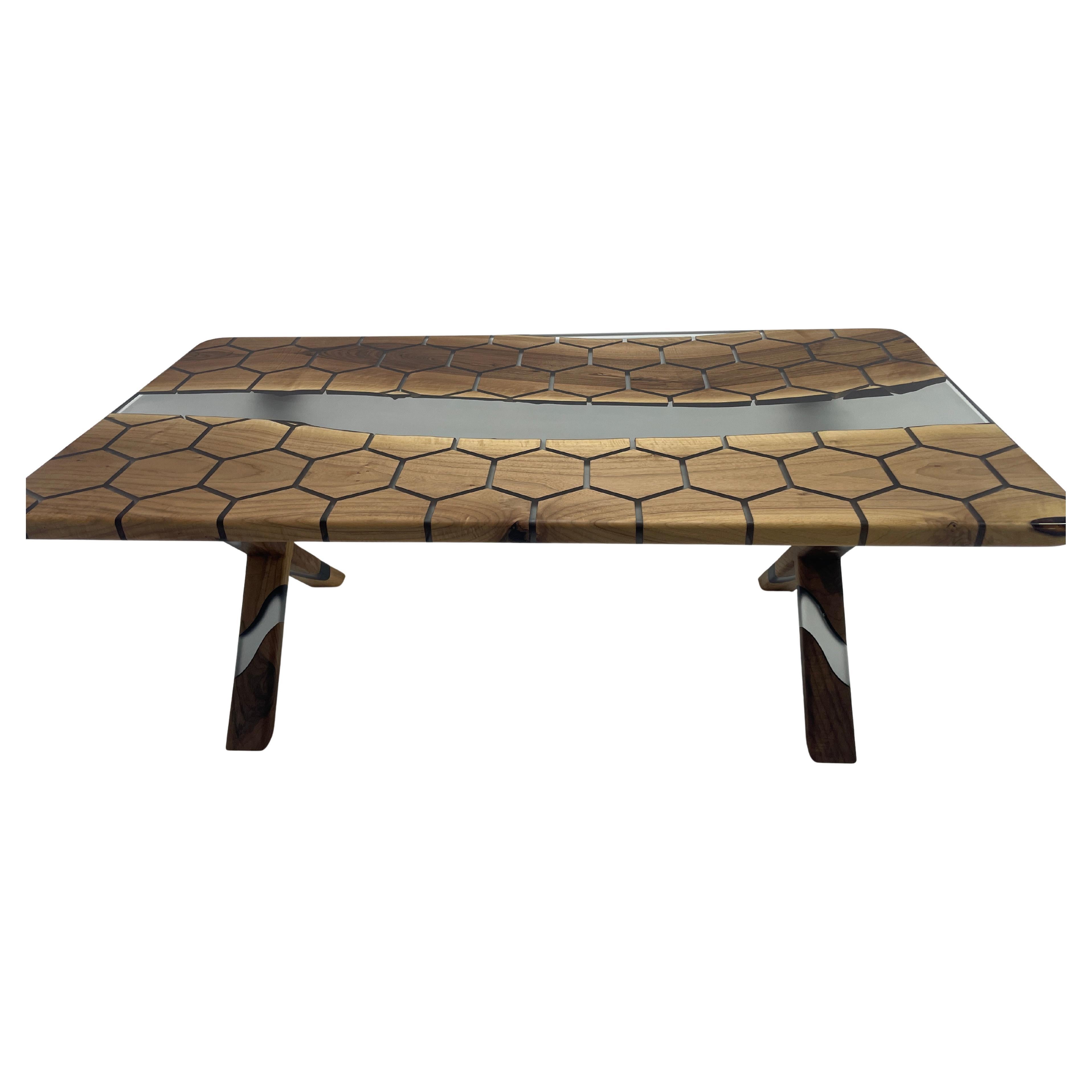 Modern 2024 Epoxy Resin Walnut River Table - Custom Luxury High End Furniture For Sale