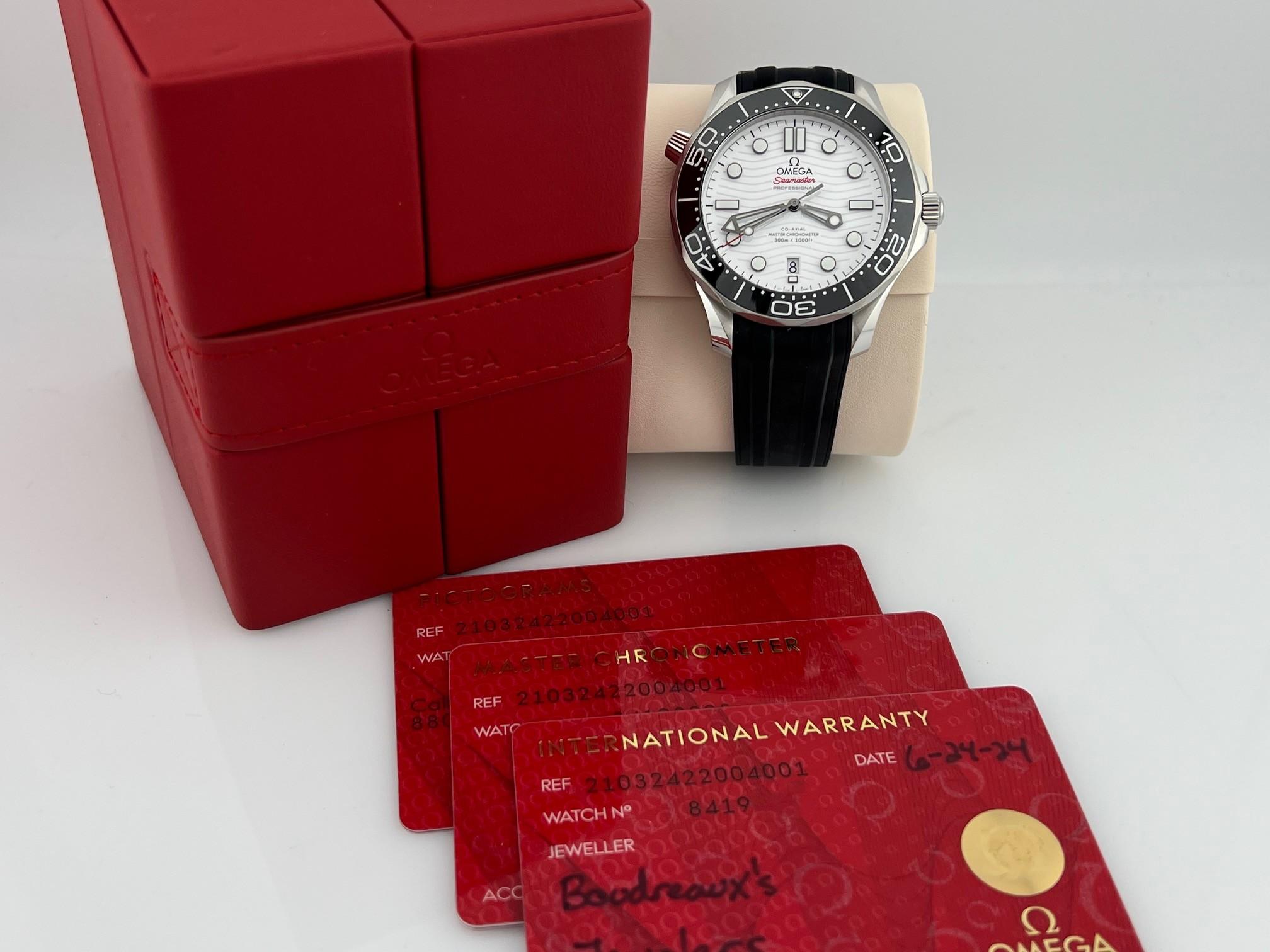 Style Number: 210.32.42.20.04.001



Serial: 8419****



Year: 2024

 

Model: OMEGA Seamaster Diver 300M 

 

Case Material: Stainless Steel 

 

Band: Rubber

 

Bezel: Black Ceramic

 

Dial: White 

 

Crystal: Sapphire

 

Case Size: 42mm

