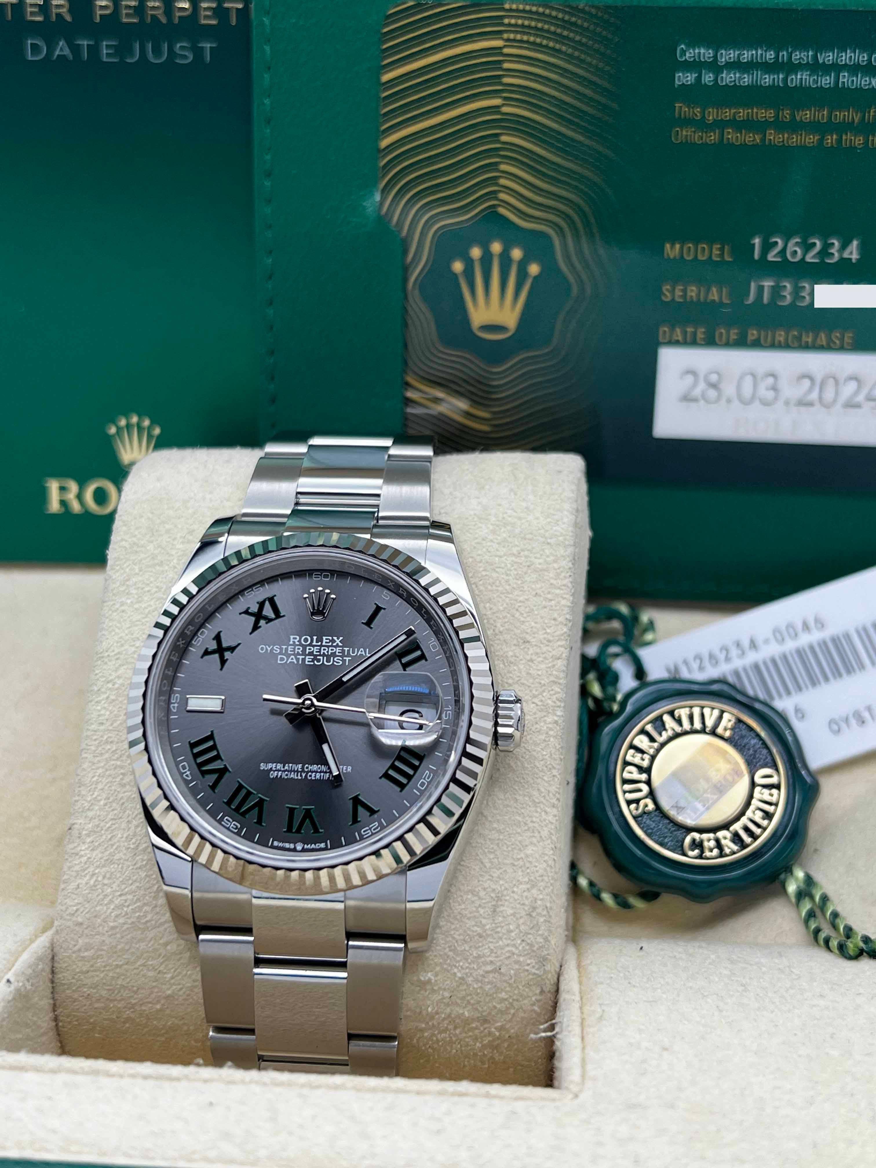 2024 Rolex Datejust 126234 Slate Wimbledon Dial 18k Gold Bezel Steel Box Paper For Sale 3