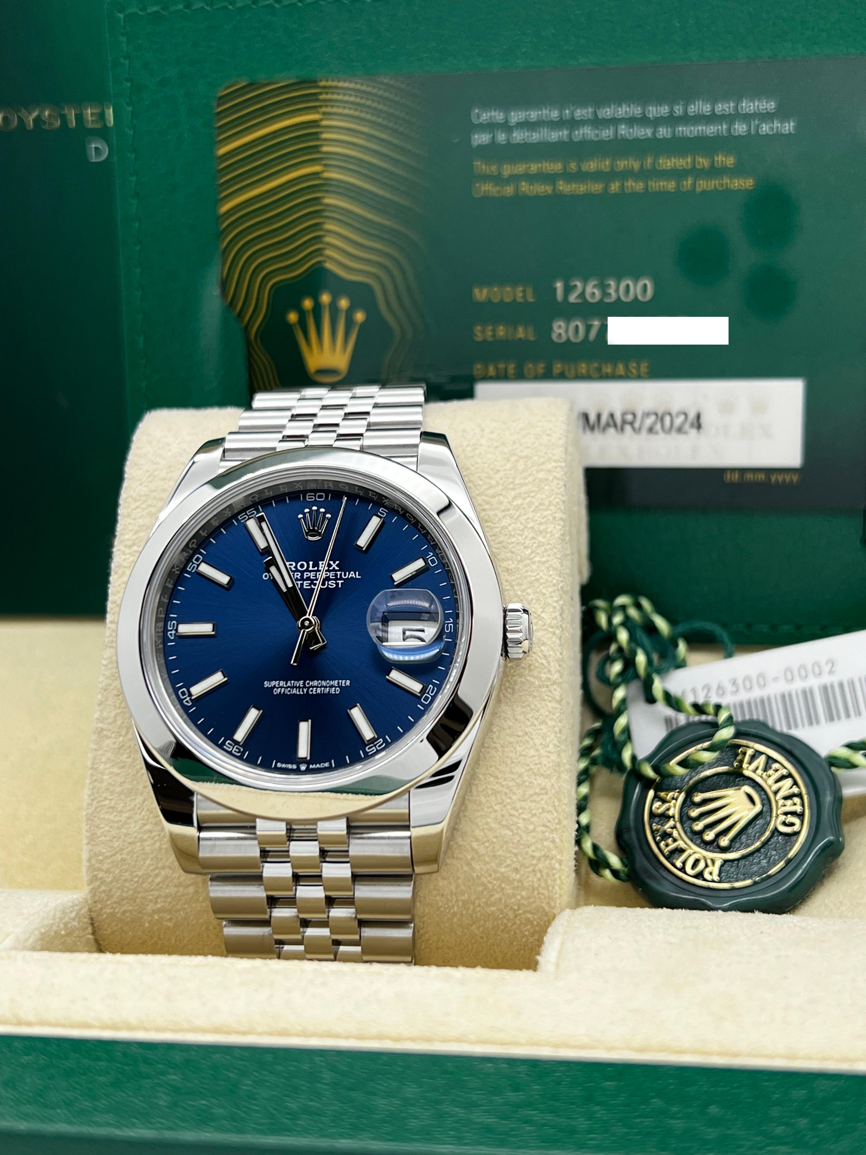 Stilnummer: 126300



Seriennummer: 80774***



Jahr: 2024

 

Modell: Datejust 41

 

MATERIAL des Gehäuses: Rostfreier Stahl

 

Band: Edelstahl-Jubiläumsband

  

Lünette: Edelstahl glatt

  

Zifferblatt: Blau

 

Gesicht: Saphirglas

