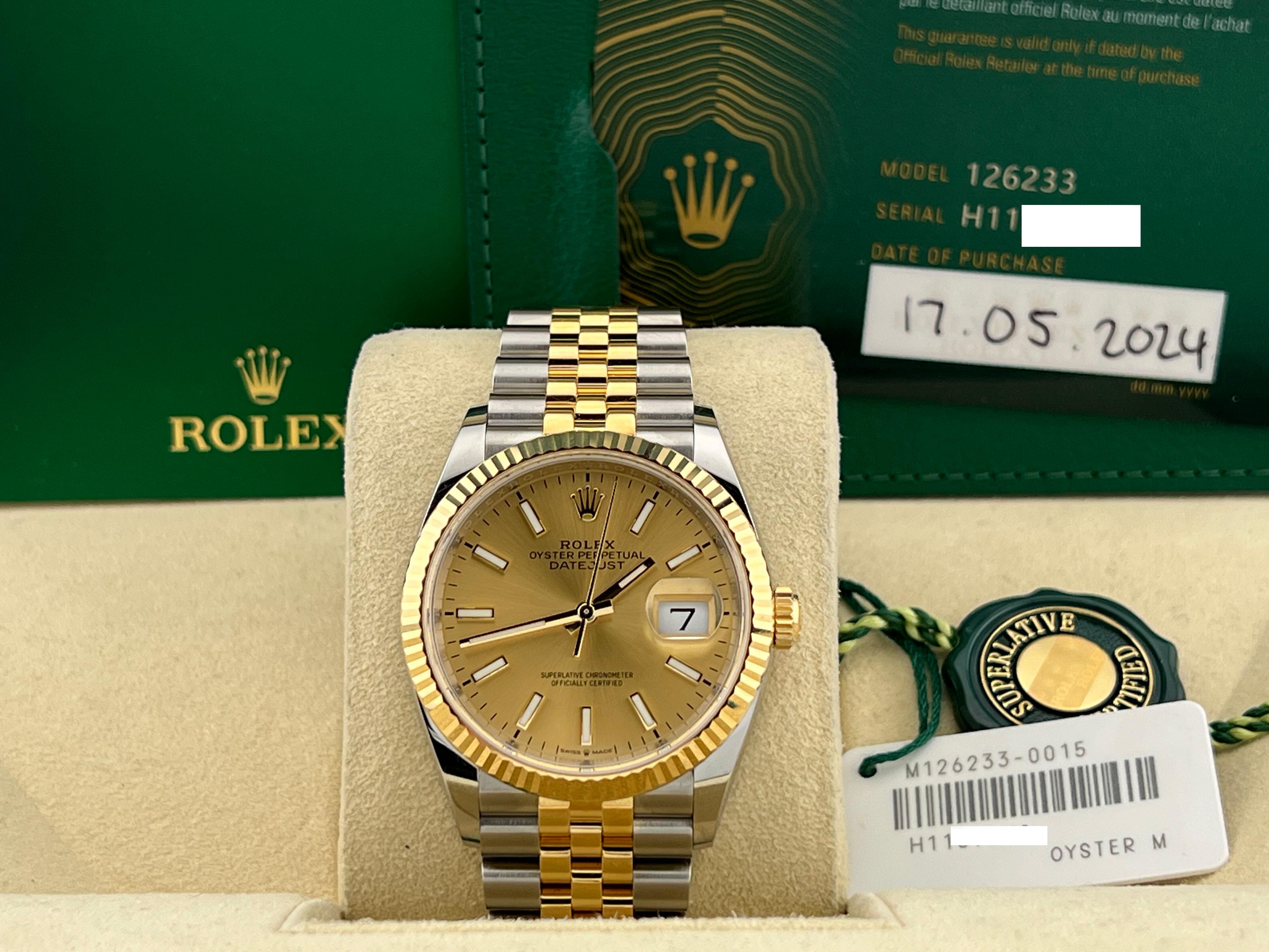 Style Number: 126233



Year: 2024

 

Model: Rolex Datejust

 

Case Material: Stainless Steel

 

Band: 18K Yellow Gold & Stainless Steel

  

Bezel: 18K Yellow Gold

    

Dial: Champagne 

 

Face: Sapphire Crystal

 

Case Size: 36mm

