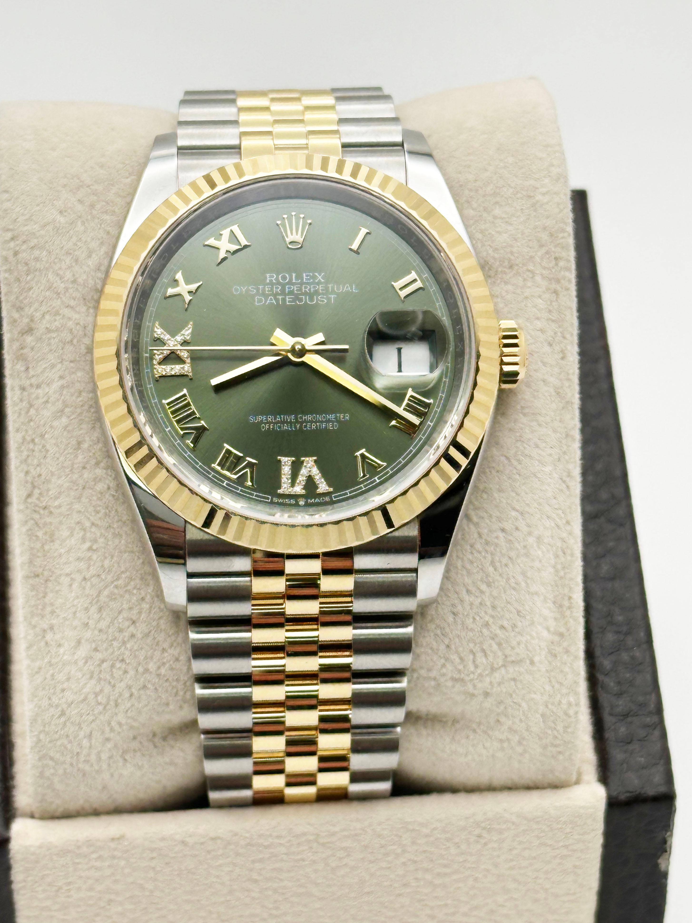 da uomo o donna 2024 Rolex Datejust 126233 Olive Green Diamond 18K Yellow Gold Steel Box Paper
