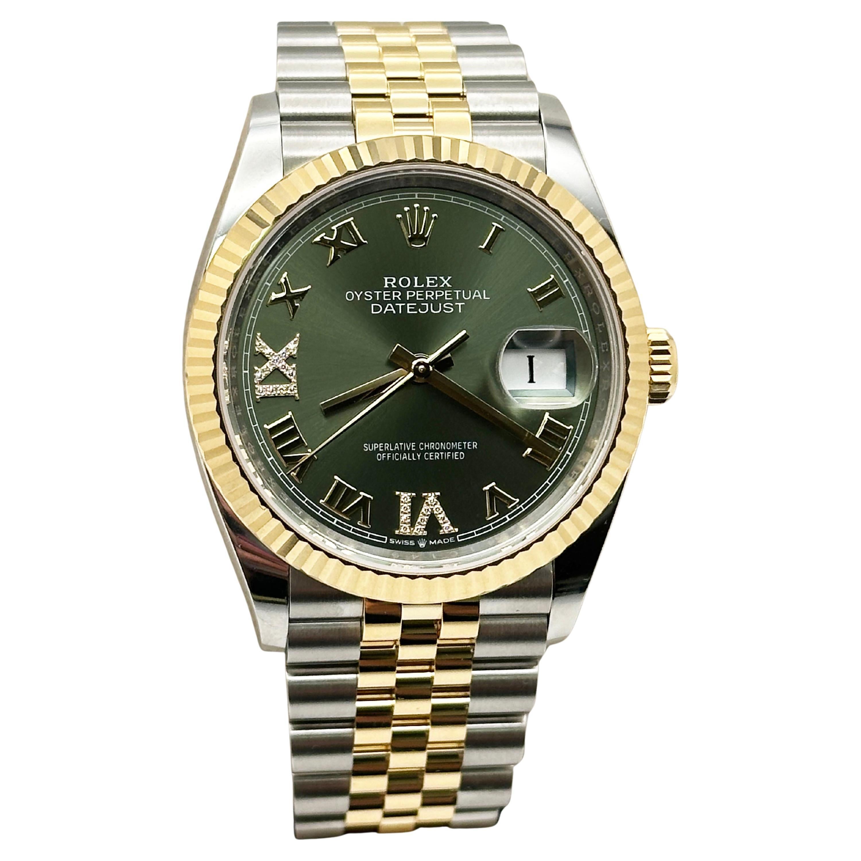 Rolex Datejust 126233, boîte en acier et or jaune 18 carats avec diamant vert olive, 2024 en vente