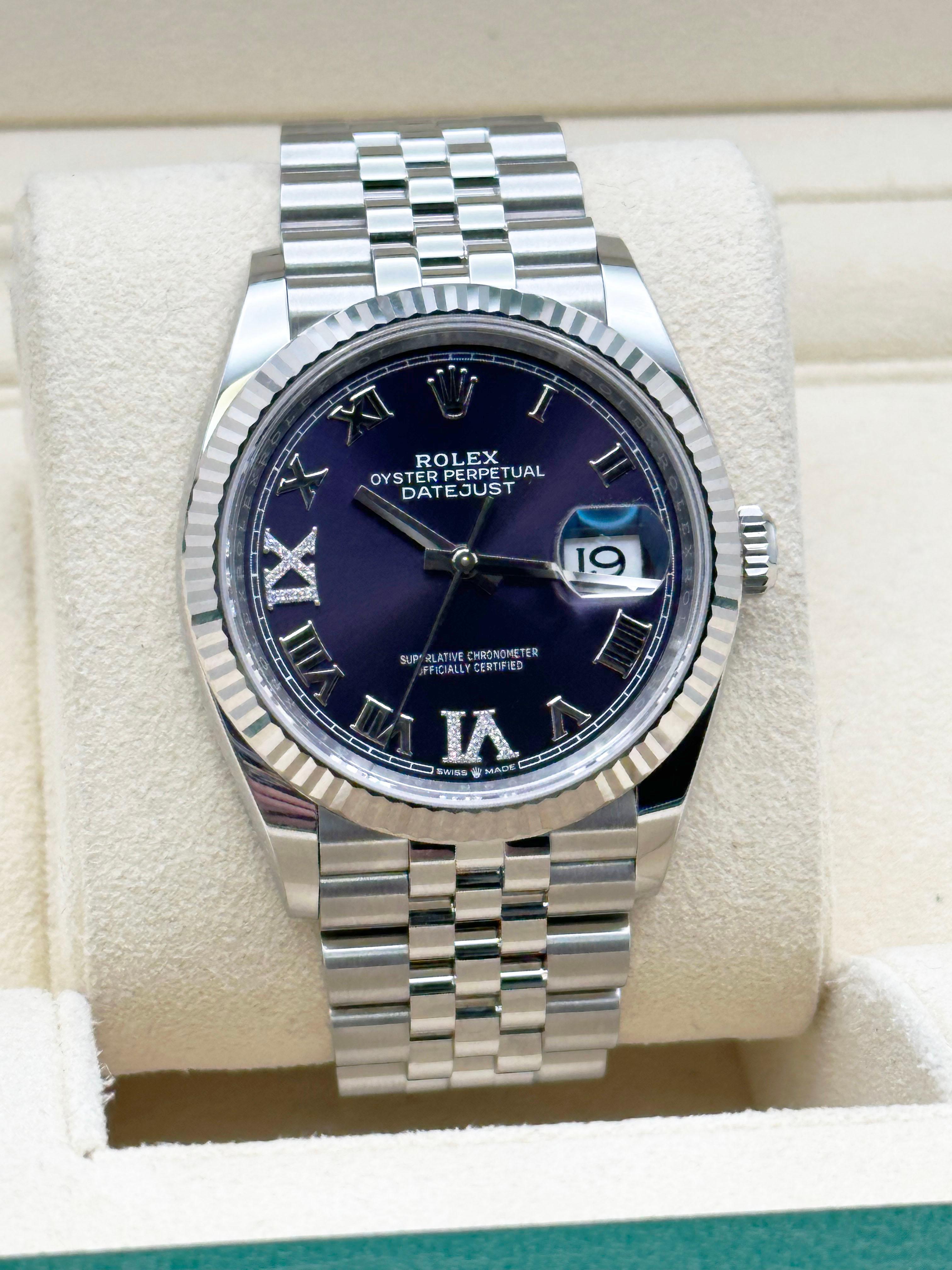 2024 Rolex Datejust 126234 Aubergine Purple Diamond Roman Steel Box Paper 36mm In Excellent Condition For Sale In San Diego, CA