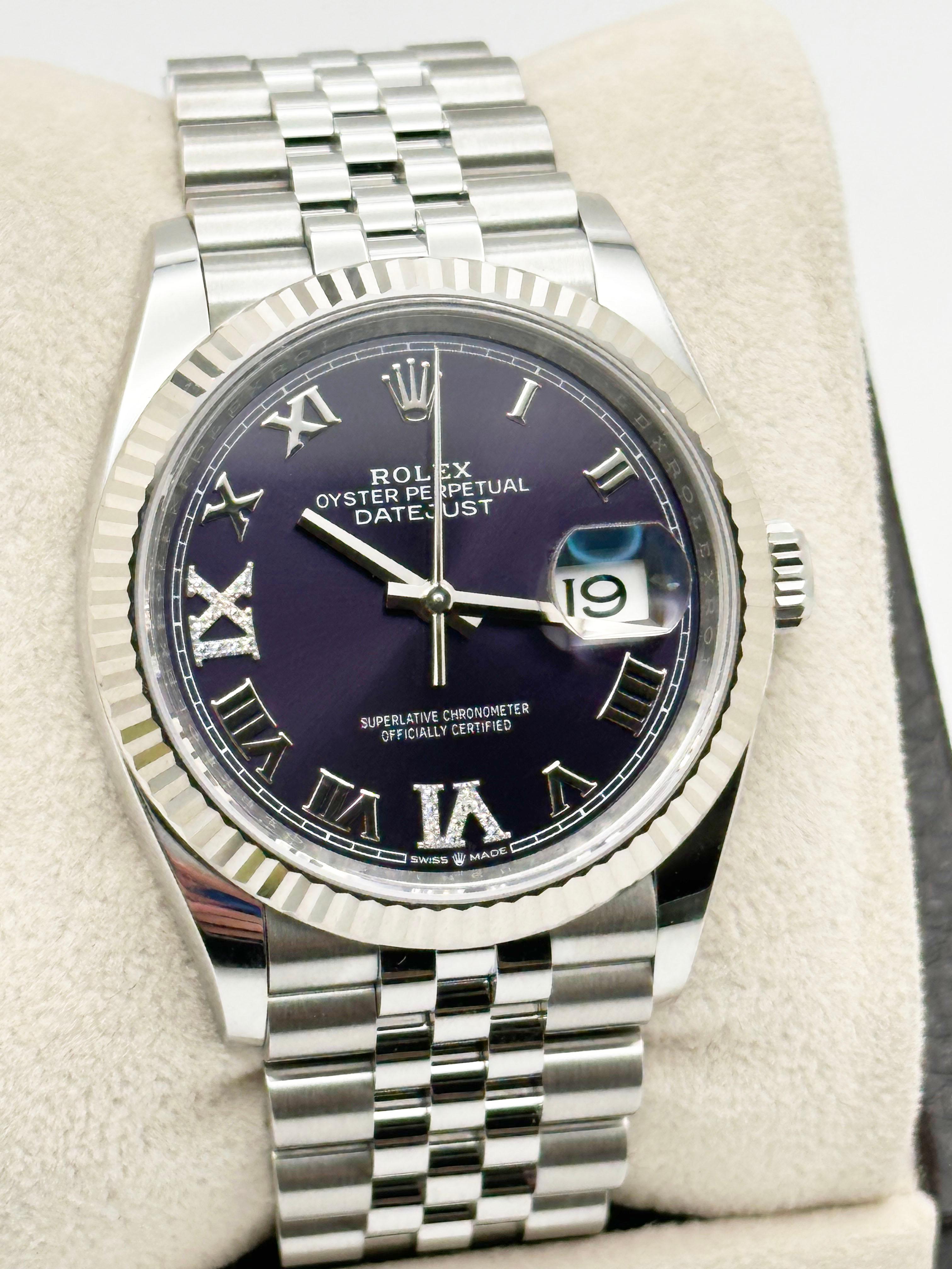 2024 Rolex Datejust 126234 Aubergine Purple Diamond Roman Steel Box Paper 36mm For Sale 1