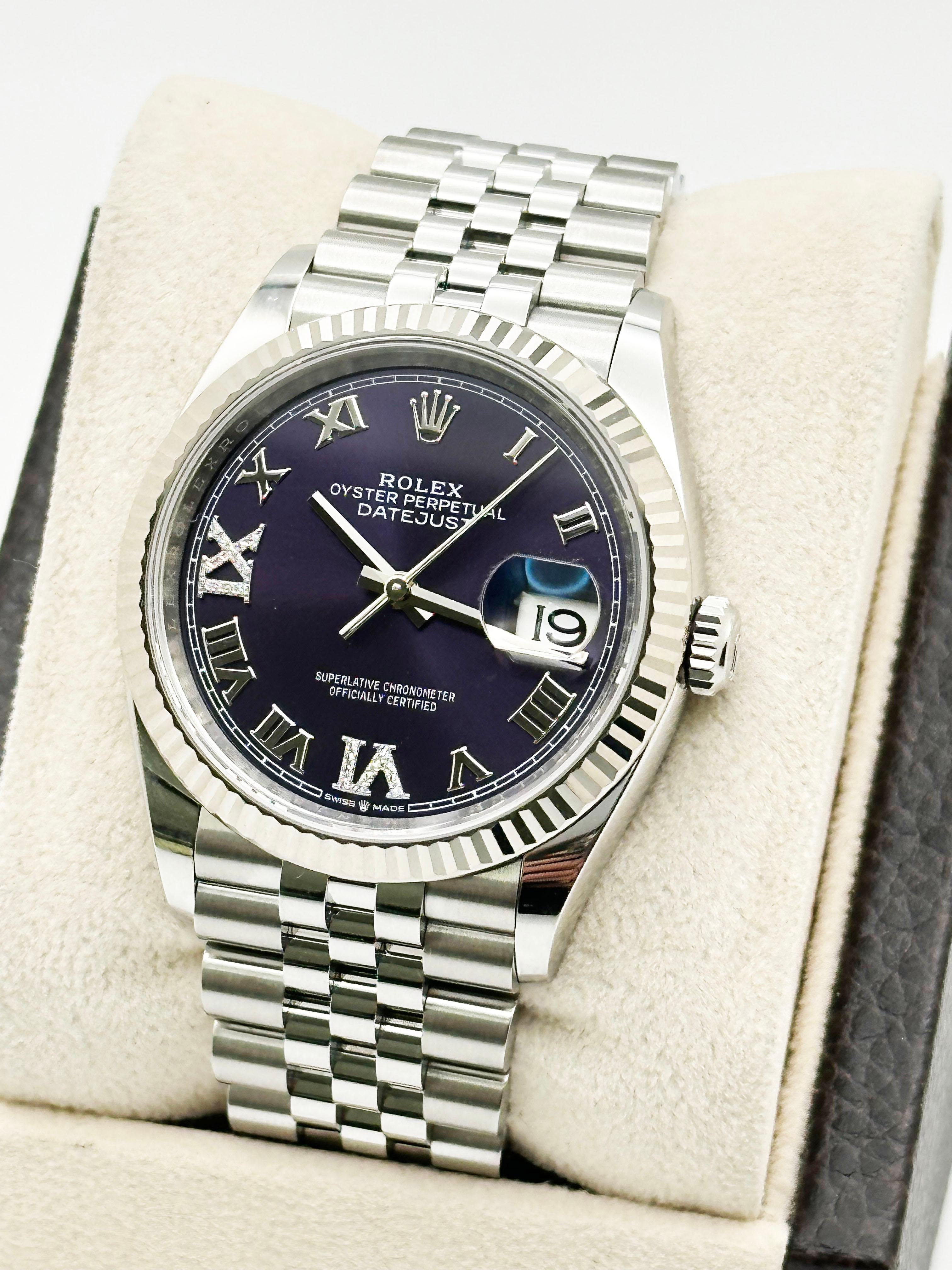2024 Rolex Datejust 126234 Aubergine Purple Diamond Roman Steel Box Paper 36mm For Sale 2