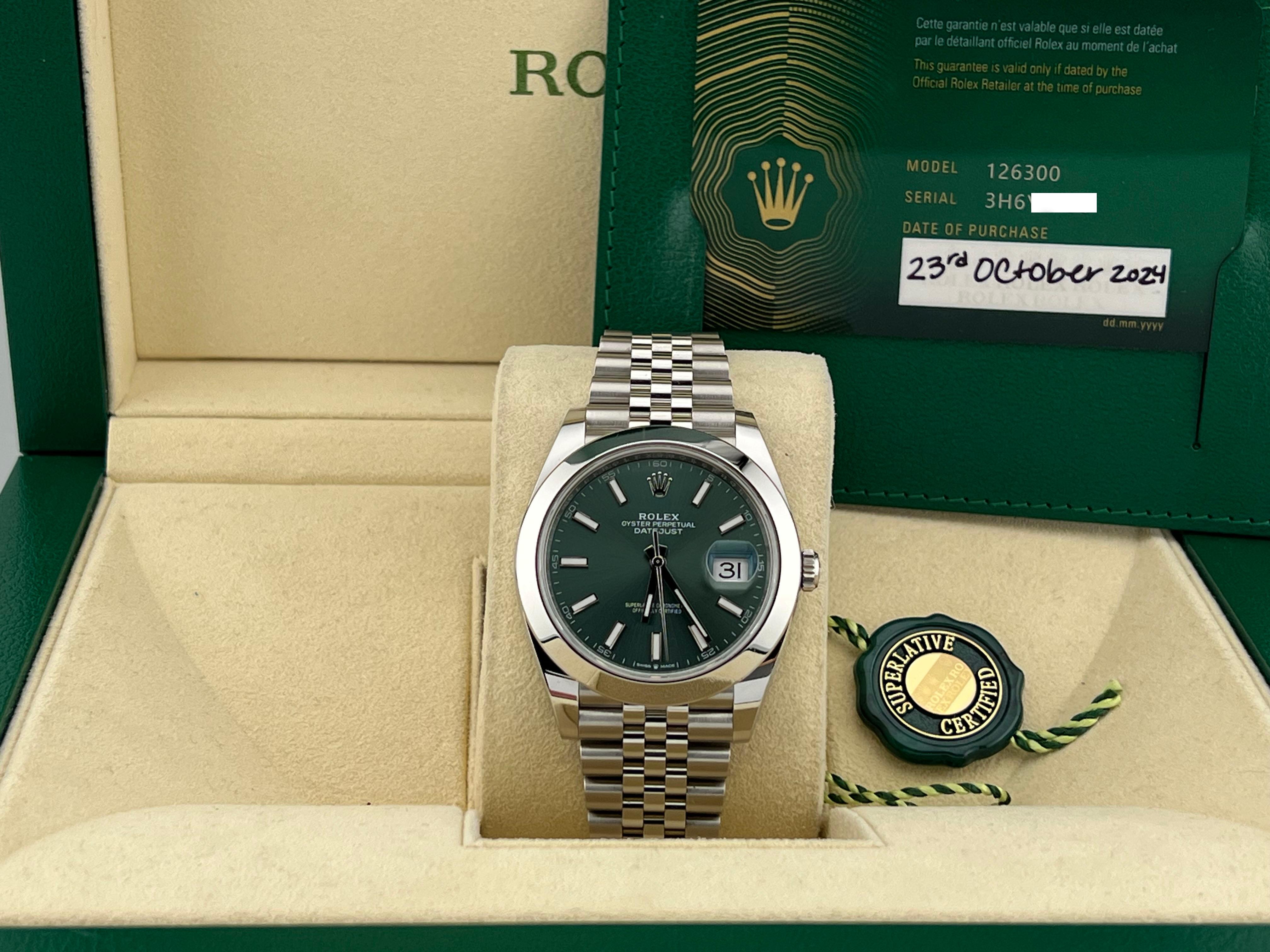 Style Number: 126300



Serial: 3H6Y4***



Year: 2024

 

Model: Rolex Datejust 41

 

Case Material: Stainless Steel

 

Band: Stainless Steel Jubilee Band

   

Bezel: Stainless Steel

   

Dial: Mint Green

 

Face: Sapphire Crystal

 

Case