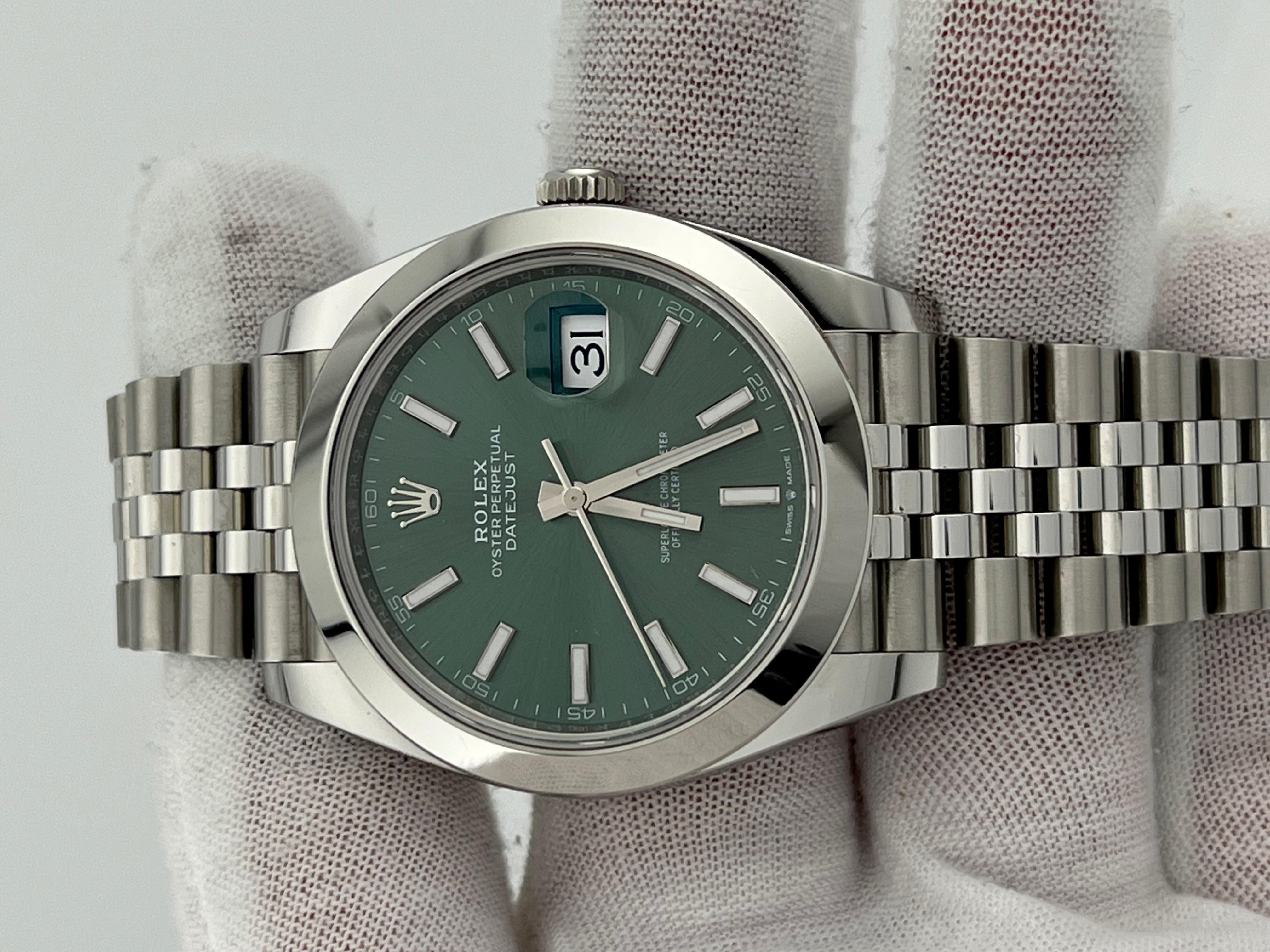 2024 Rolex Datejust 41 126300 Mint Green Dial Jubilee Stainless Steel Box Paper In Excellent Condition In San Diego, CA