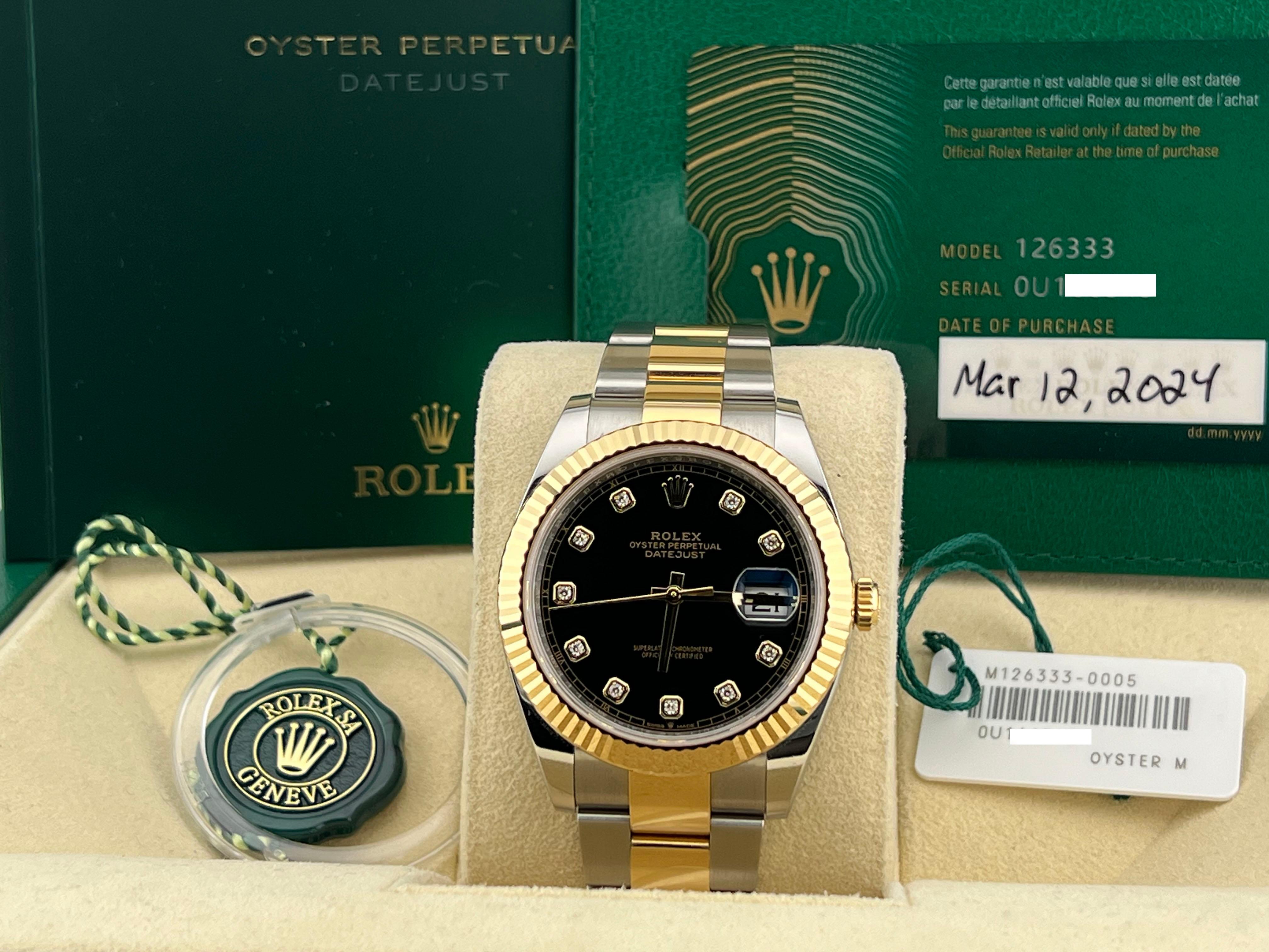 Style Number: 126333



Serial: OU166***



Year: 2024

 

Model: Rolex Datejust 41

 

Case Material: Stainless Steel

 

Band: 18K Yellow Gold & Stainless Steel

  

Bezel: 18K Yellow Gold

  

Dial: Factory Black Diamond Dial

 

Face: Sapphire