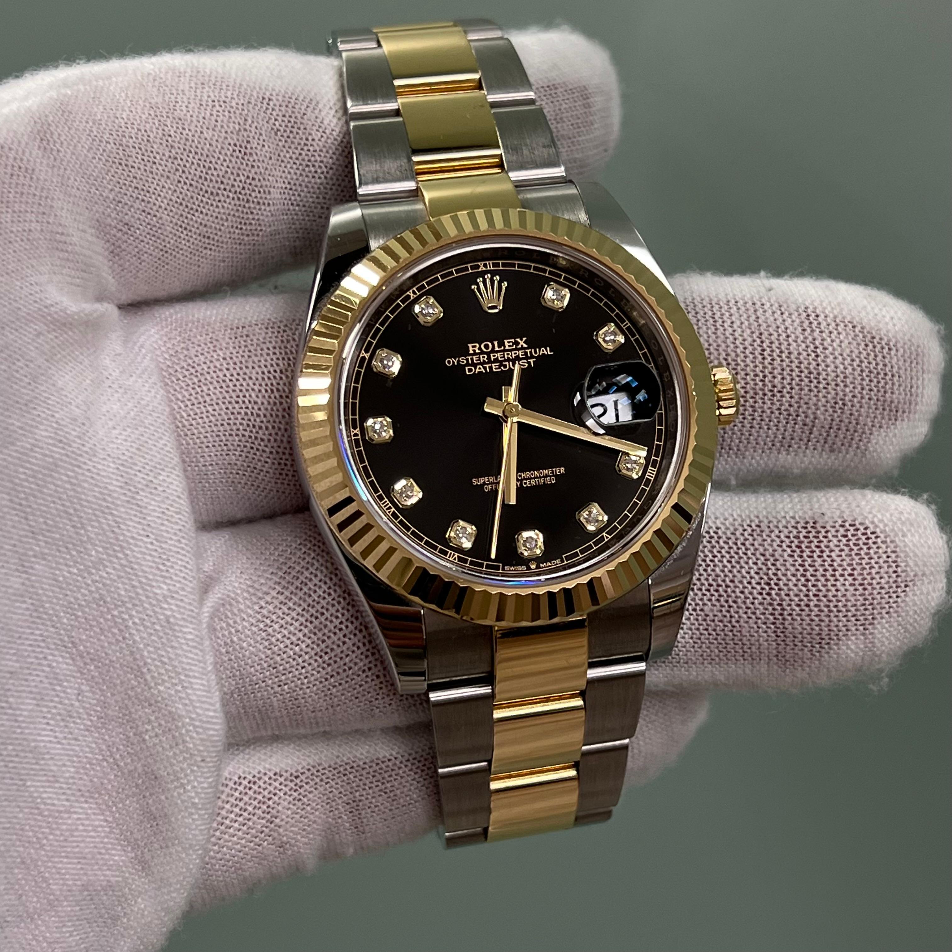 Men's 2024 Rolex Datejust 41 126333 Black Diamond Dial 18K Yellow Gold Steel Box Paper For Sale