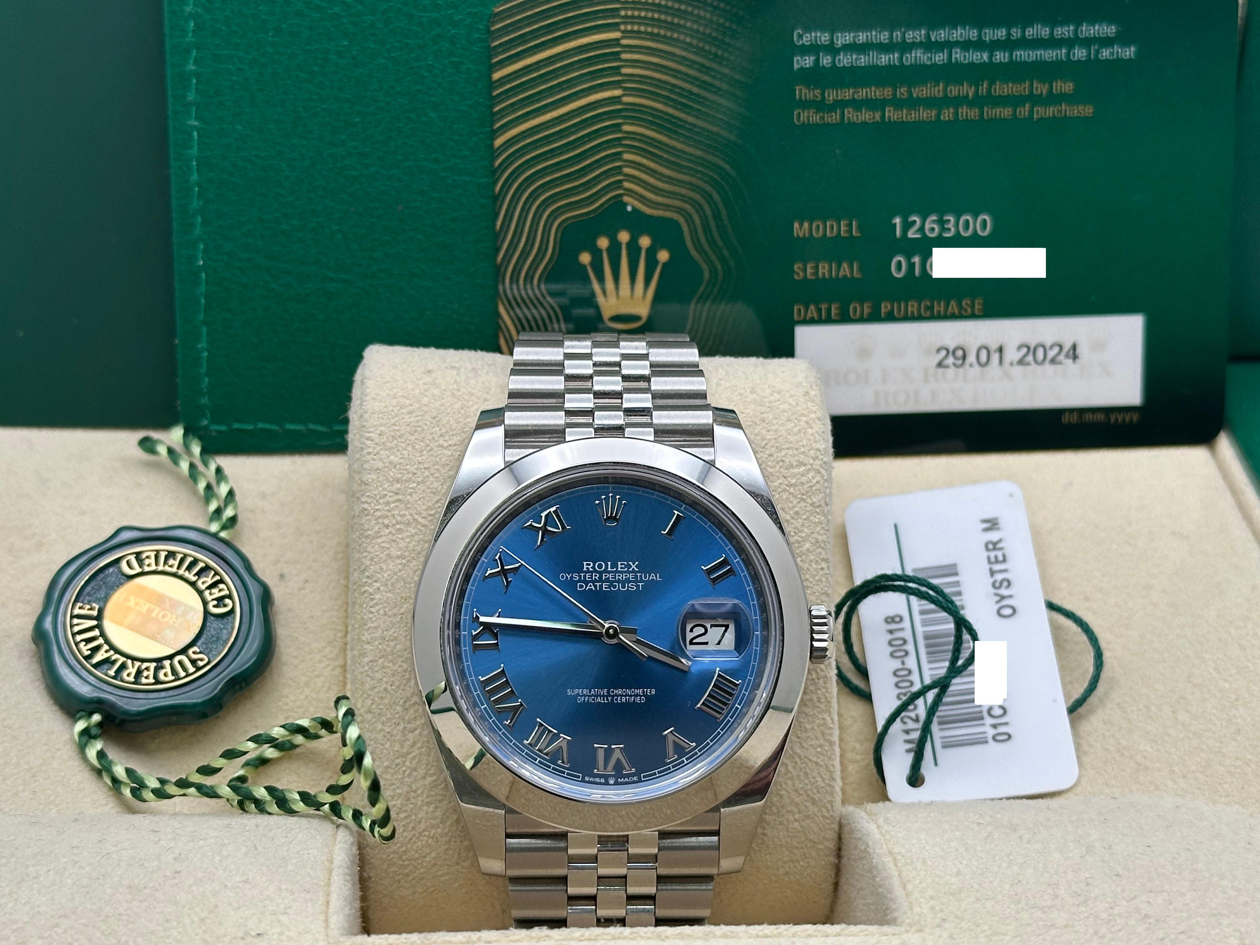 2024 Rolex Datejust 41 Esfera azul 126300 Acero inoxidable Jubilee Band Caja Papel en venta 3