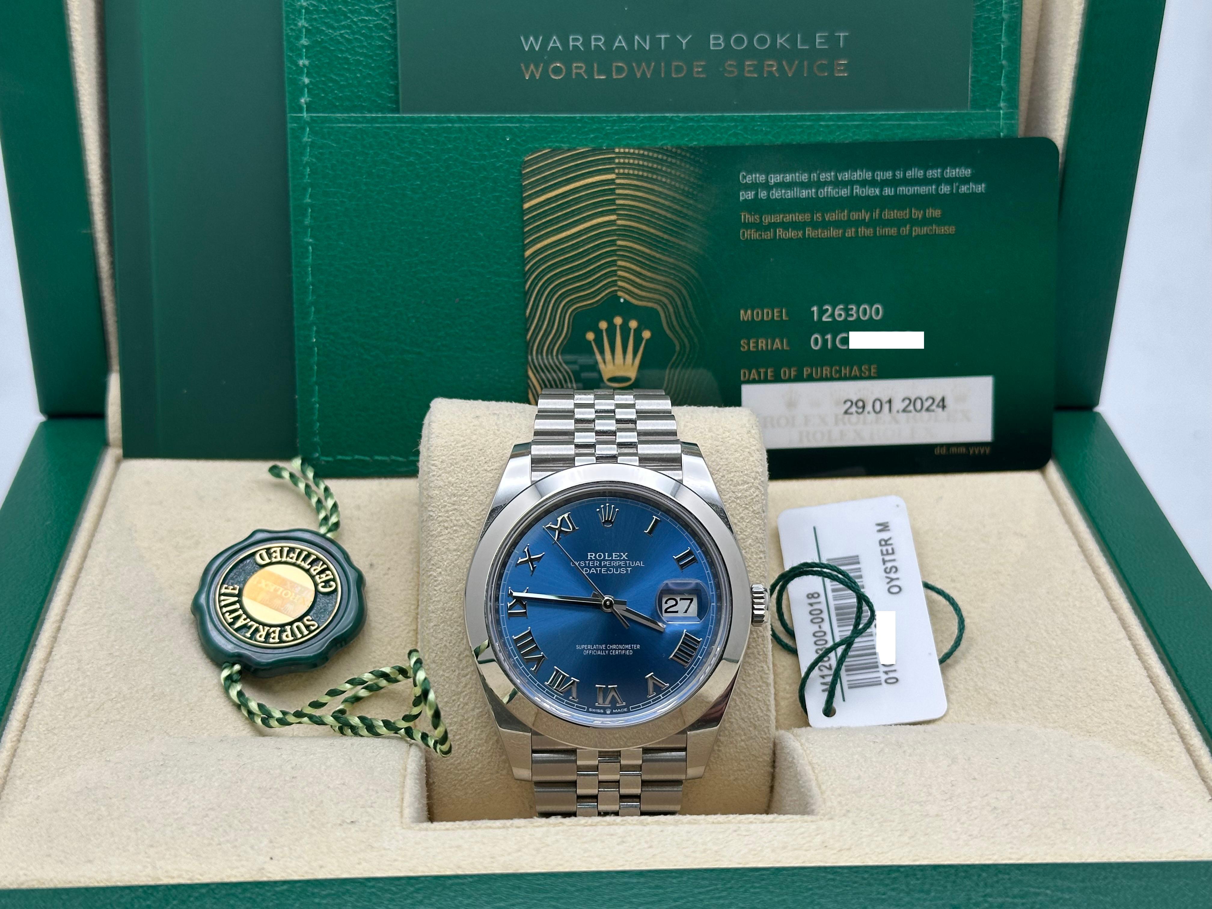 2024 Rolex Datejust 41 Esfera azul 126300 Acero inoxidable Jubilee Band Caja Papel en venta 4