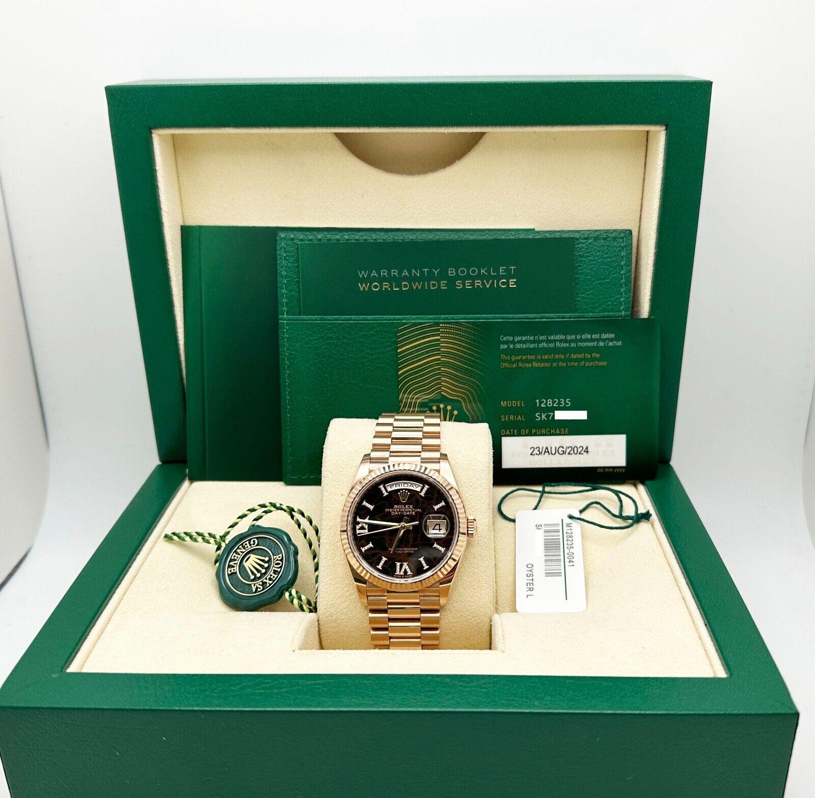 Style Number: 128235



Serial: SK7*****



Year: 2024

 

Model: Rolex Day-Date President

 

Case Material: 18k Rose Gold

 

Band: 18k Rose Gold

  

Bezel: 18k Rose Gold

  

Dial: Factory Original Eisenkiesel Roman Diamond Dial

 

Face: