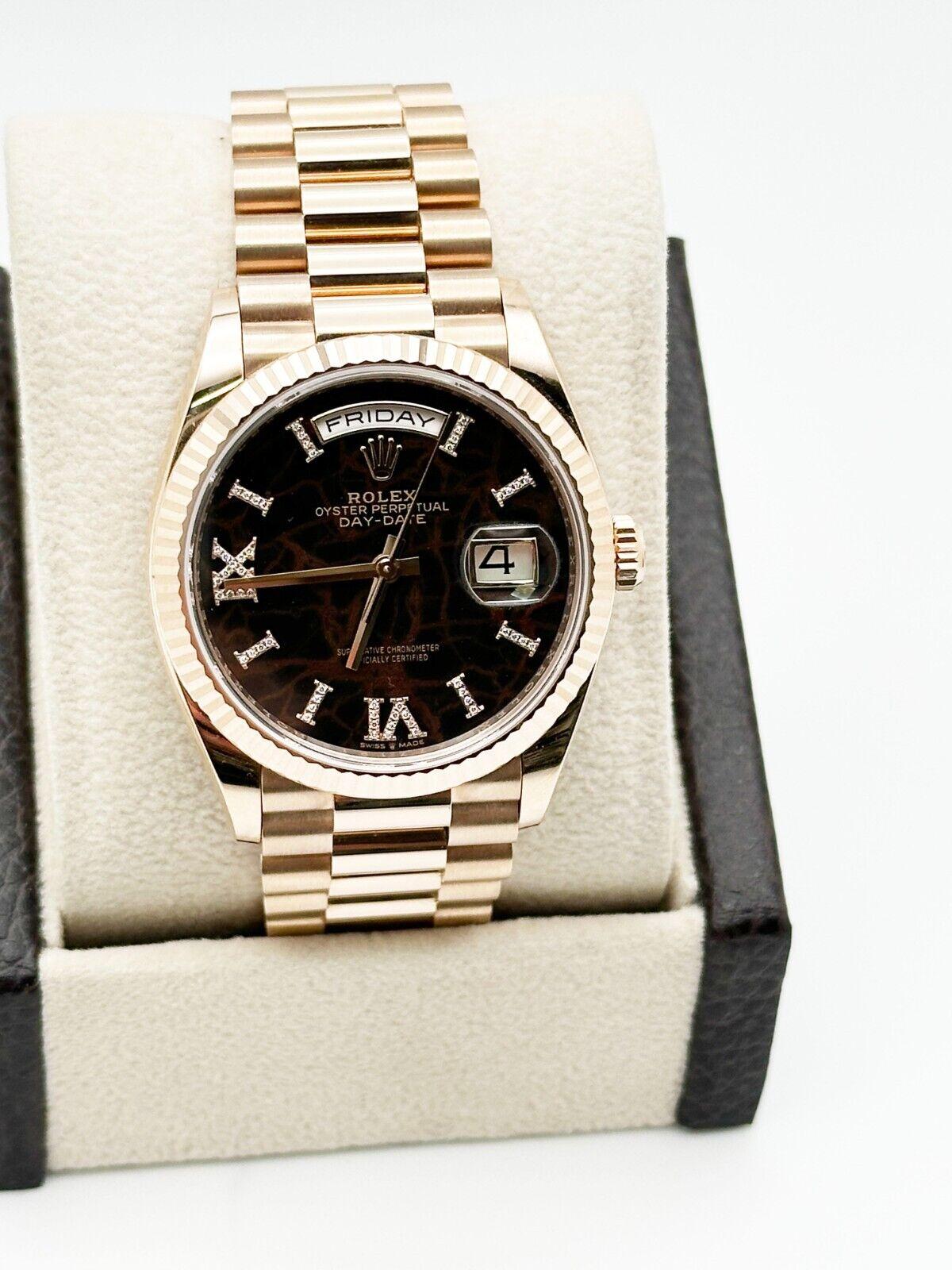 2024 Rolex Day Date President 128235 Eisenkiesel DIamond 18k Rose Gold Box Paper In Excellent Condition For Sale In San Diego, CA