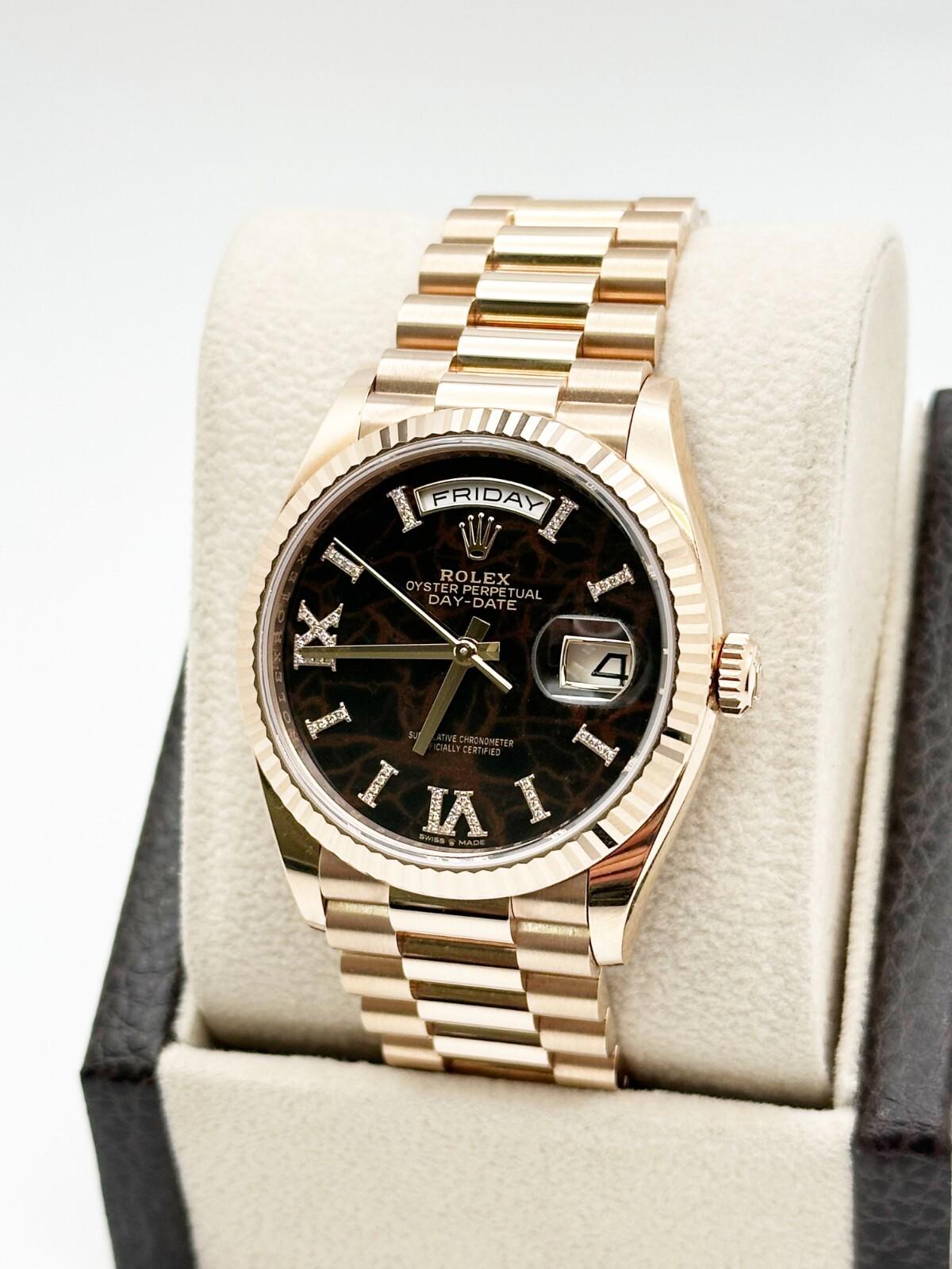 Men's 2024 Rolex Day Date President 128235 Eisenkiesel DIamond 18k Rose Gold Box Paper For Sale