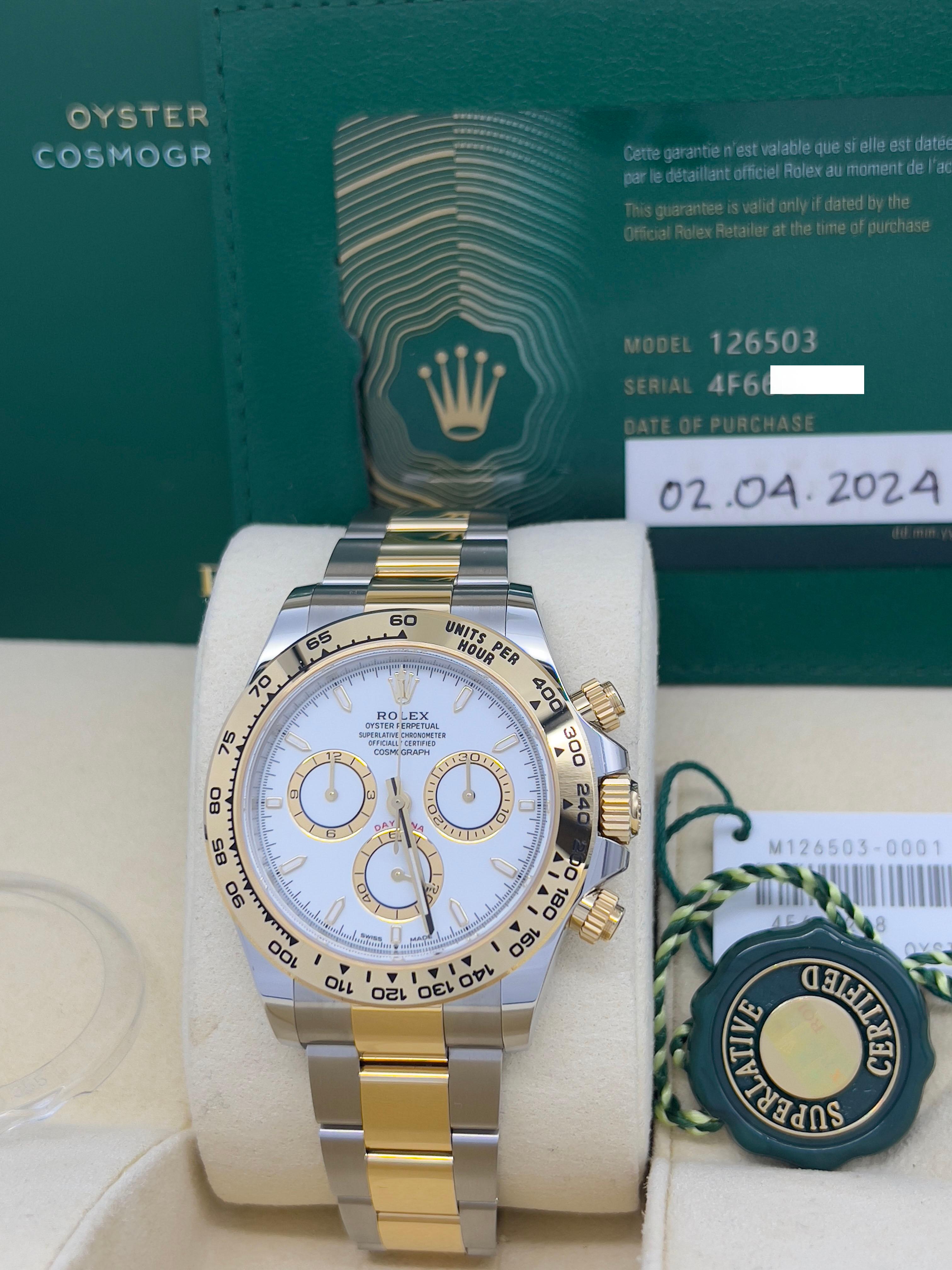 Style Number: 126503
Serial: 4F66D***
Year: 2024
Model: Rolex Daytona 
Case Material: Stainless Steel 
Band: 18K Yellow Gold & Stainless Steel 
Bezel: 18K Yellow Gold 
Dial: White
Face: Sapphire Crystal 
Case Size: 40mm 
Includes: 
-Rolex Box &