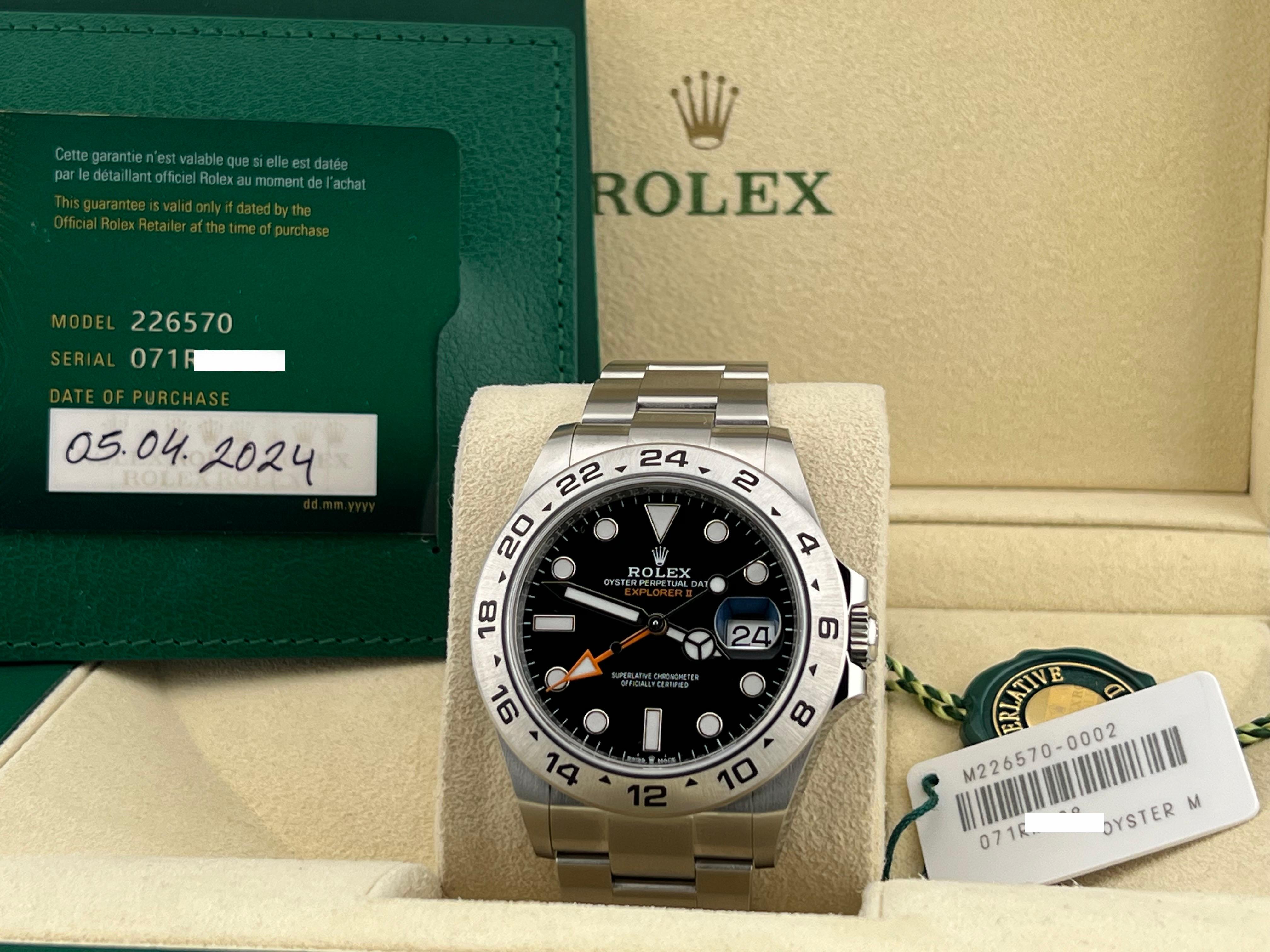 Style Number: 226570



Year: 2024

 

Model: Rolex Explorer II 

 

Case Material: Stainless Steel 

 

Band: Stainless Steel 

  

Bezel: Stainless Steel 

  

Dial: Black Dial 

 

Face: Sapphire Crystal 

 

Case Size: 42mm 

 

Includes: