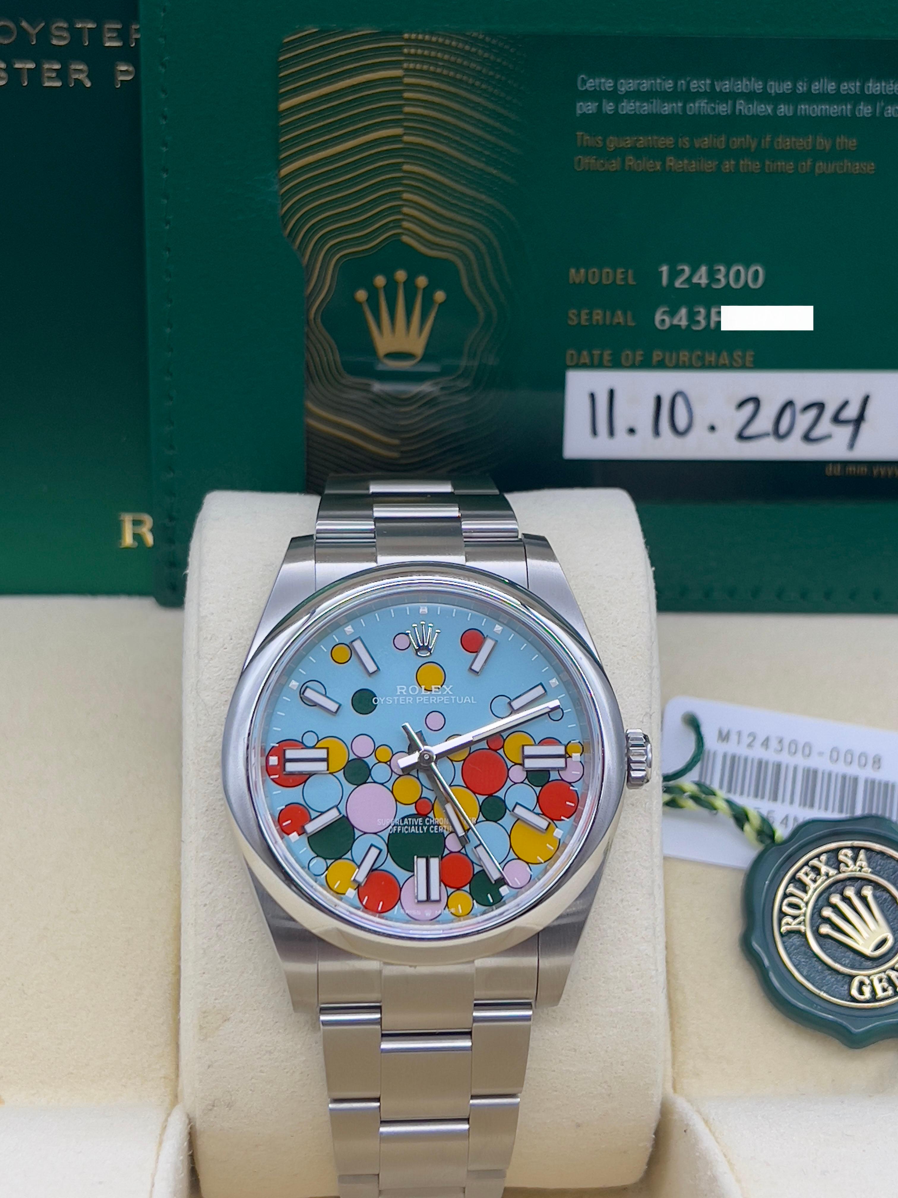 Style Number: 124300 
Serial: 643F5***
Year: 2024
Model: Rolex Oyster Perpetual 
Case Material: Stainless Steel 
Band: Stainless Steel 
Bezel: Stainless Steel Smooth Bezel 
Dial: Celebration Motif Turquoise Blue Dial
Face: Sapphire Crystal 
Case