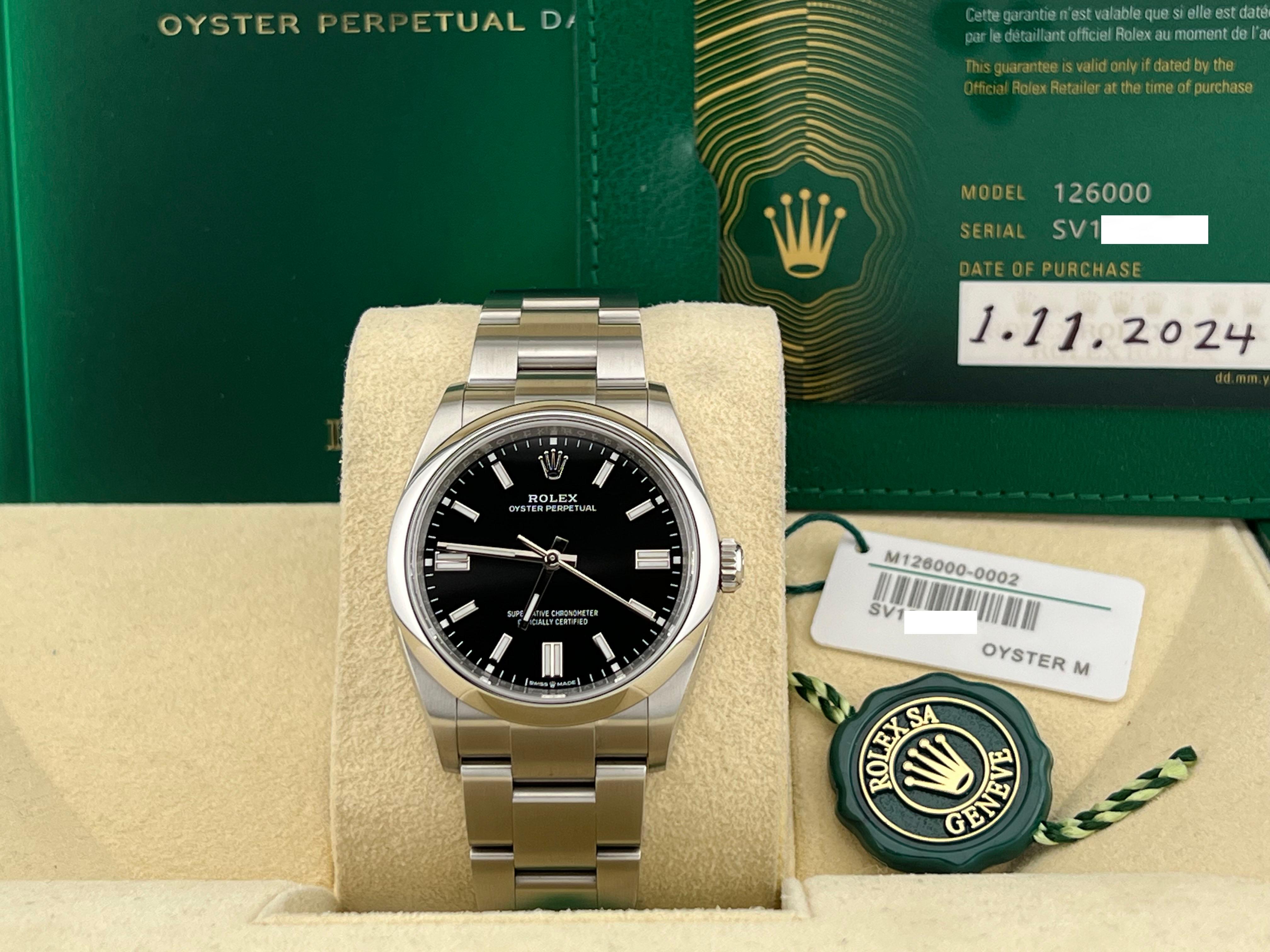 Style Number: 126000



Year: 2024

 

Model: Rolex Oyster Perpetual 

 

Case Material: Stainless Steel 

 

Band: Stainless Steel 

  

Bezel: Stainless Steel 

  

Dial: Black

 

Face: Sapphire Crystal 

 

Case Size: 36mm 

 

Includes: