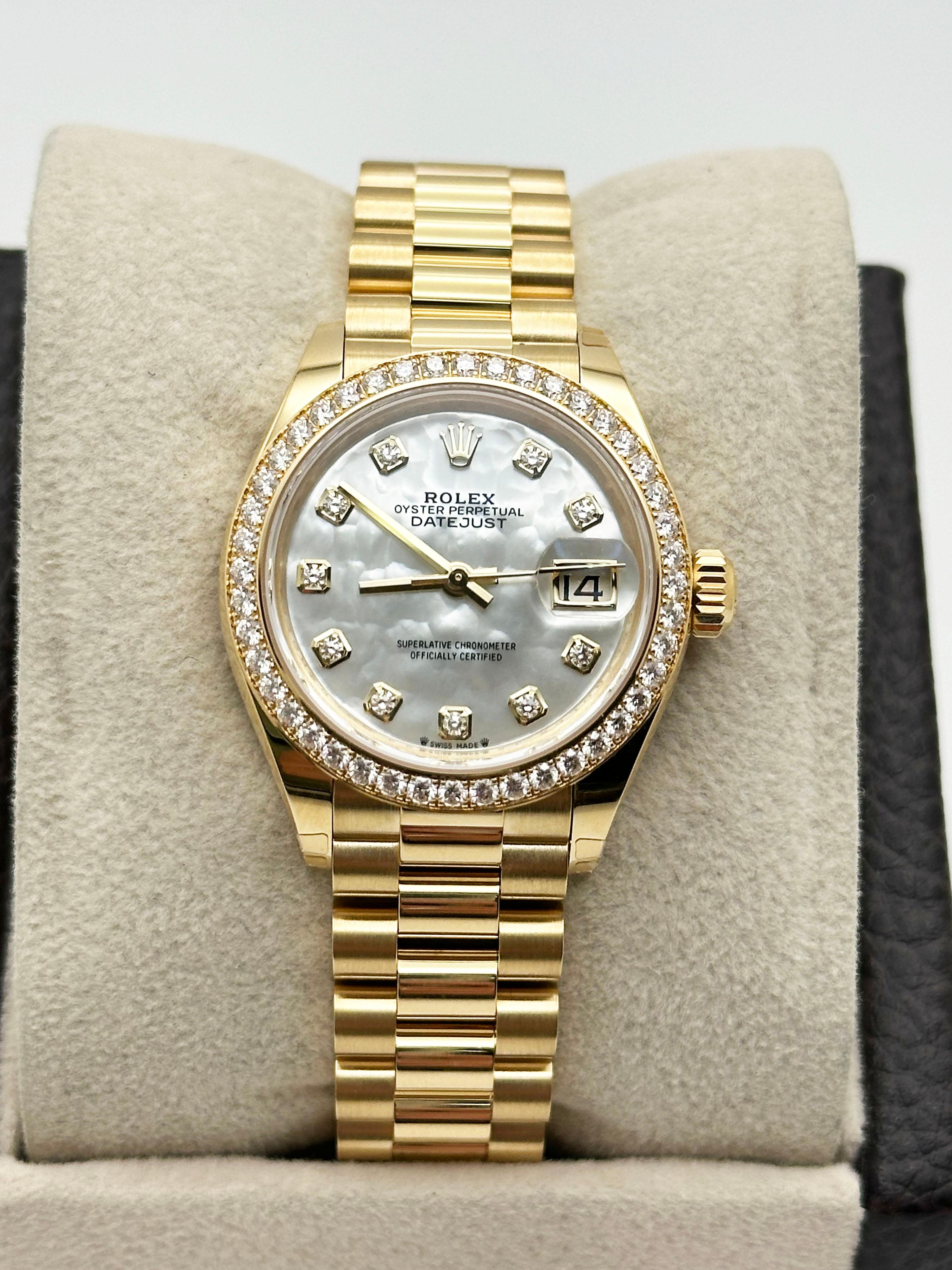 2024 Rolex President 279138RBR MOP Quadrante di diamanti Lunetta di diamanti Oro giallo 18 carati In condizioni ottime in vendita a San Diego, CA