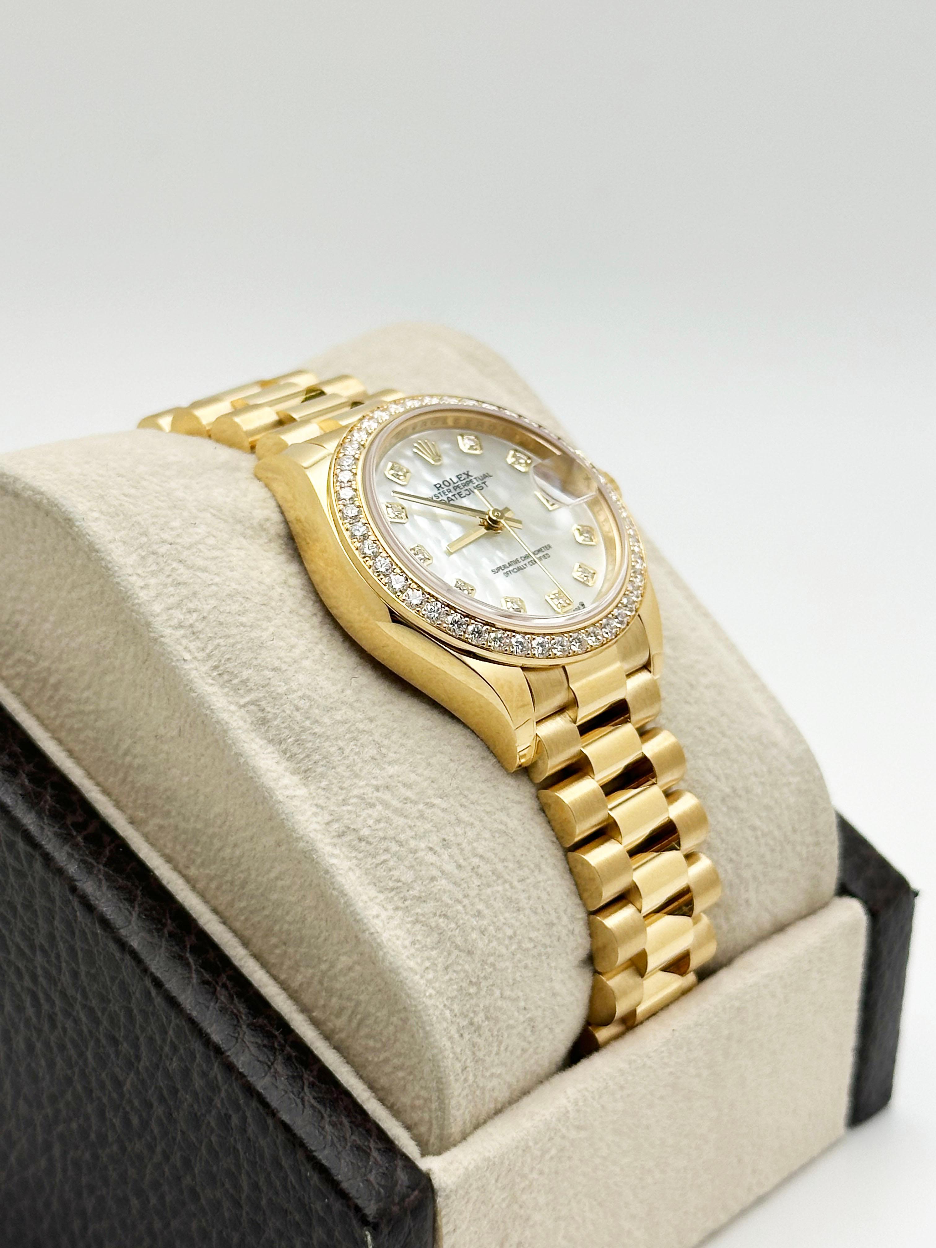 2024 Rolex President 279138RBR MOP Quadrante di diamanti Lunetta di diamanti Oro giallo 18 carati in vendita 1