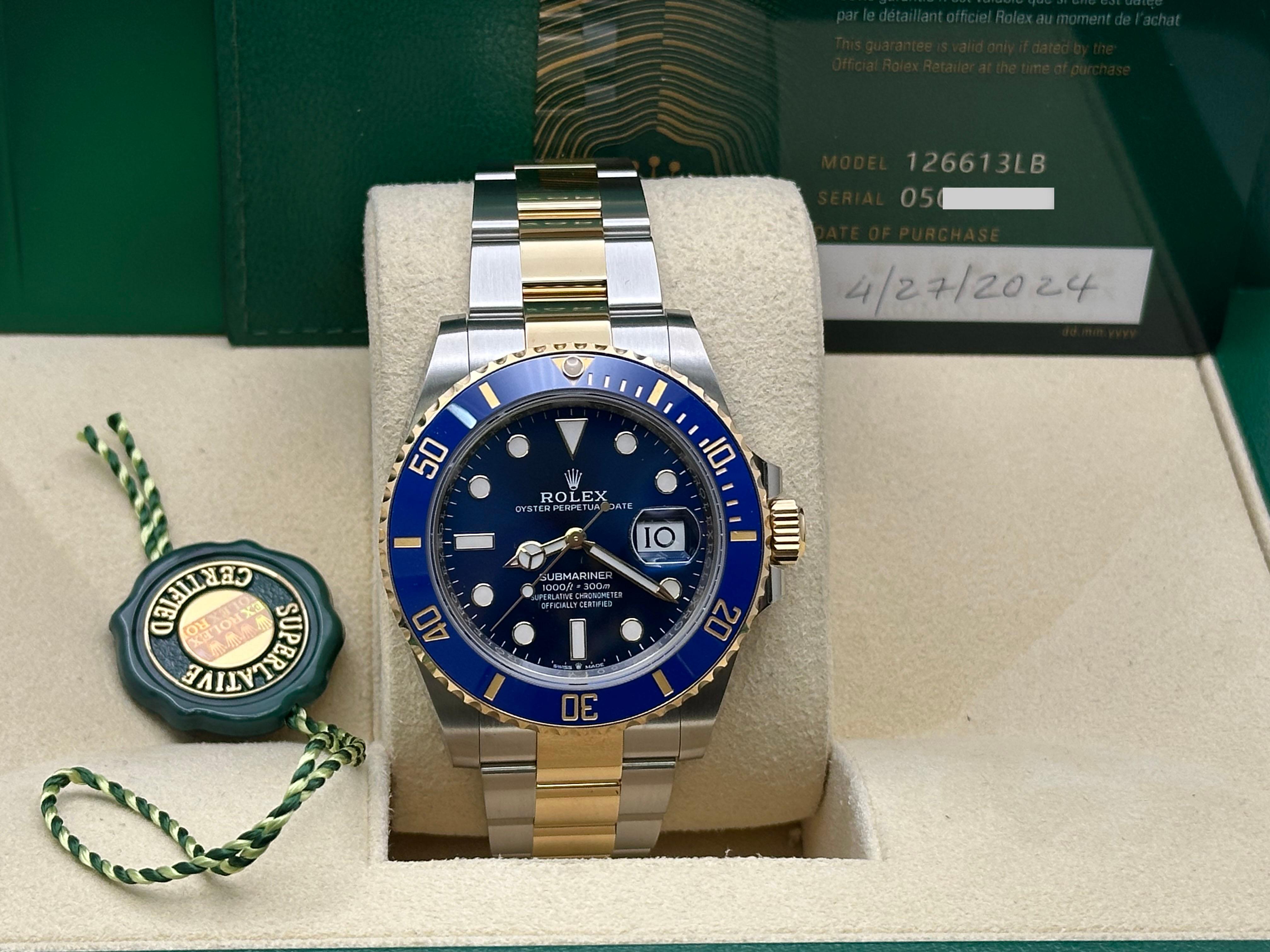 Style Number: 126613LB


Serial: 0501Y***



Year: 2024

 

Model: Rolex Submariner 

 

Case Material: Stainless Steel 

 

Band: 18K Yellow Gold & Stainless Steel 

  

Bezel: Blue Ceramic 

  

Dial: Blue Dial 

 

Face: Sapphire Crystal 

