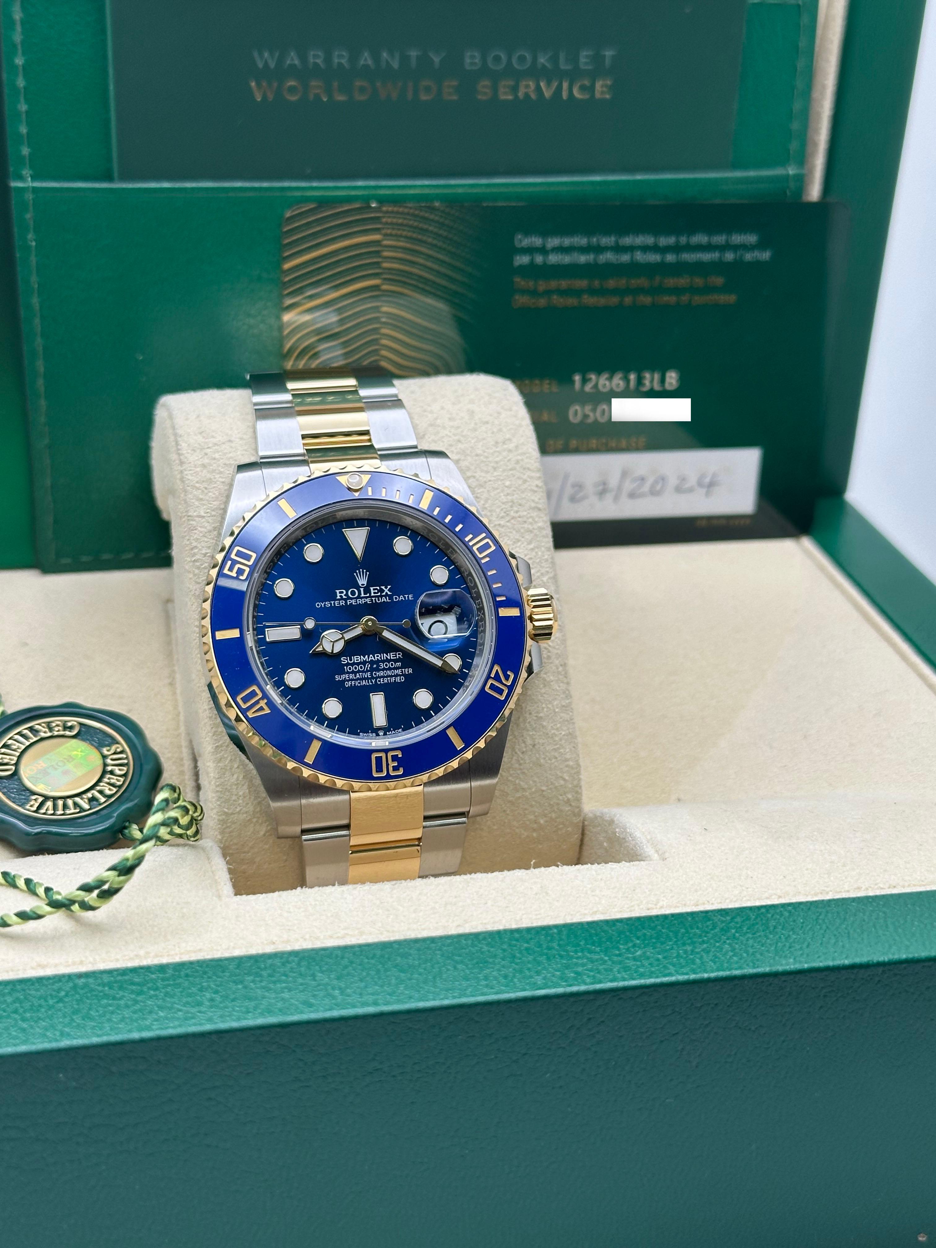 2024 Rolex Submariner 126613LB 41mm Blue Ceramic 18K Gold Stainless Box Paper In Excellent Condition For Sale In San Diego, CA