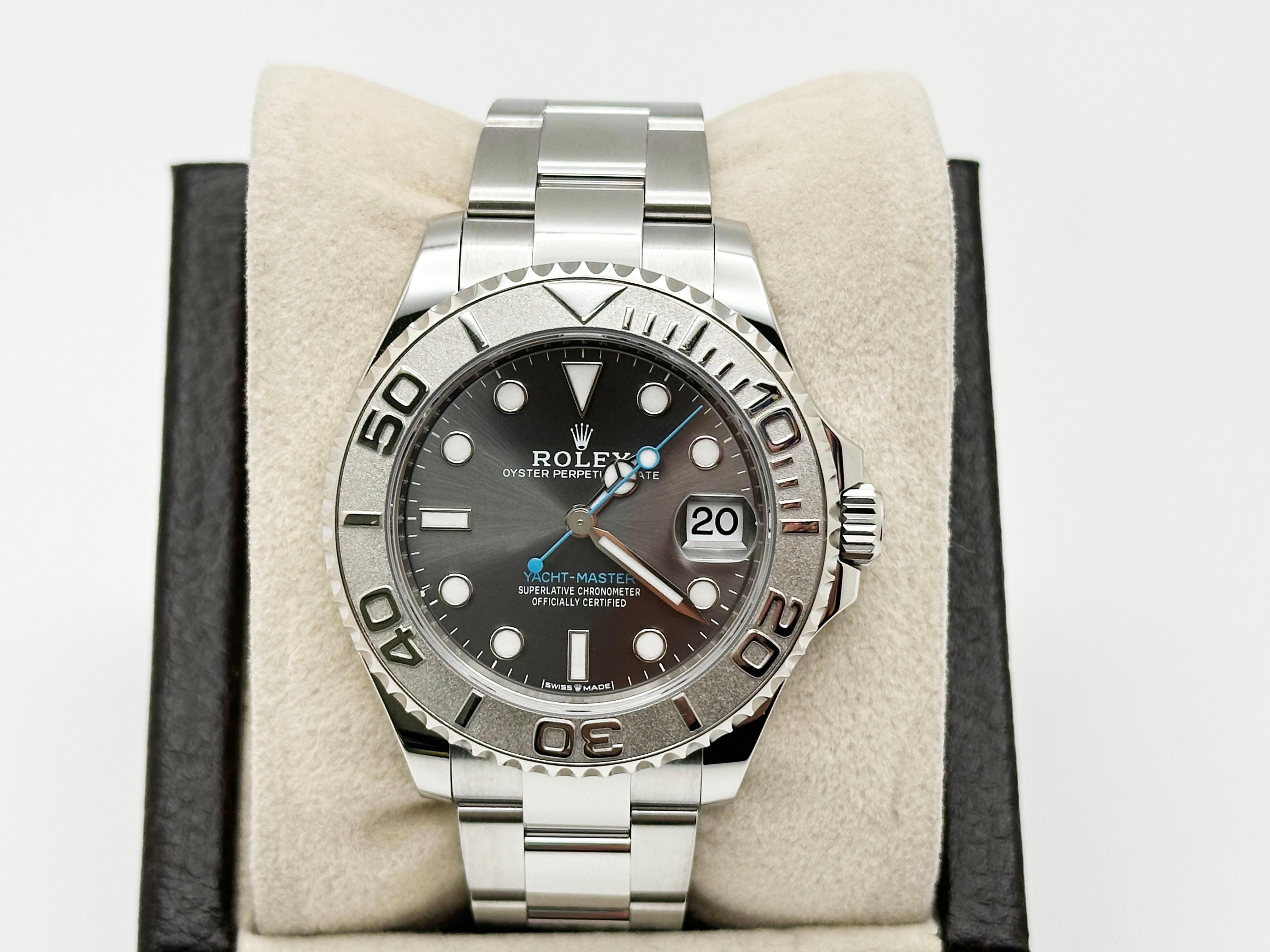Style Number: 268622



Serial: P179C***



Year: 2024

 

Model: Rolex Yacht Master 

 

Case Material: Stainless Steel 

 

Band: Stainless Steel 

  

Bezel: Platinum 

  

Dial: Rhodium 

 

Face: Sapphire Crystal 

 

Case Size: 37mm