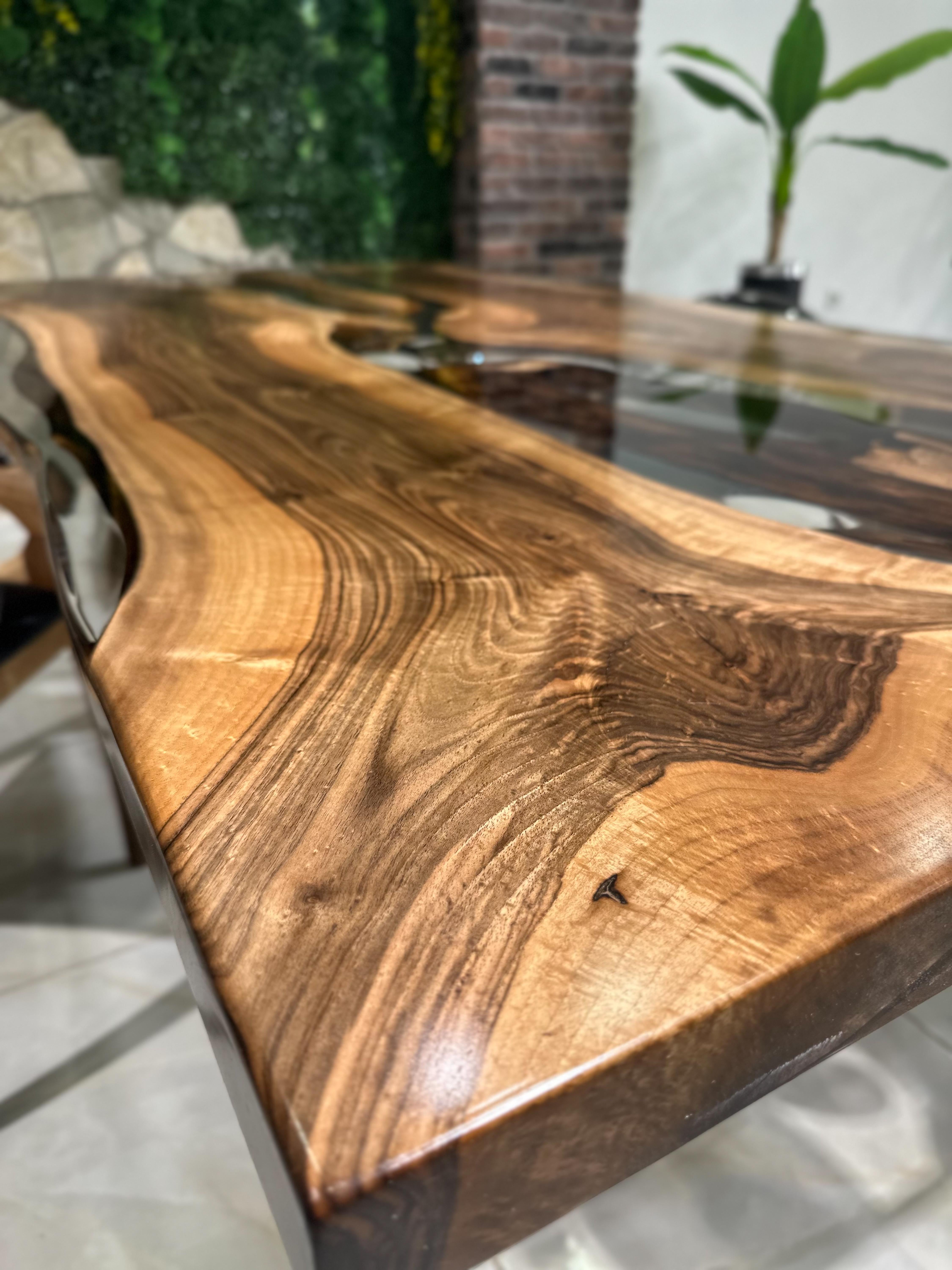 2024 - Walnut Wood Ultra Clear Epoxy Resin Dining Table For Sale 4