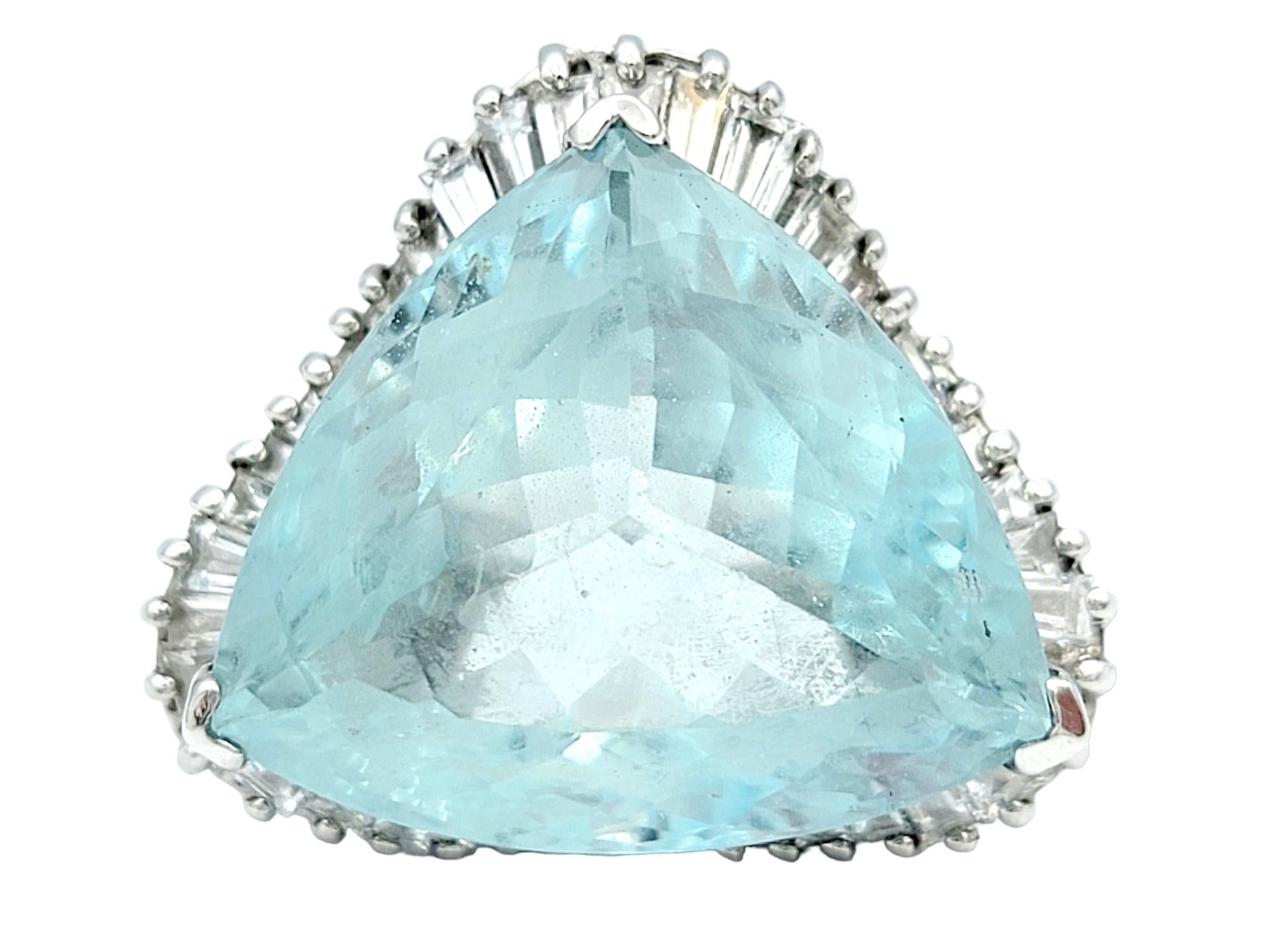 Ring size: 7 

This exquisite piece of jewelry boasts a magnificent 20.25-carat aquamarine as its centerpiece, creating a truly captivating focal point. The aquamarine's enchanting blue hue, akin to the serene expanse of the sky, effortlessly