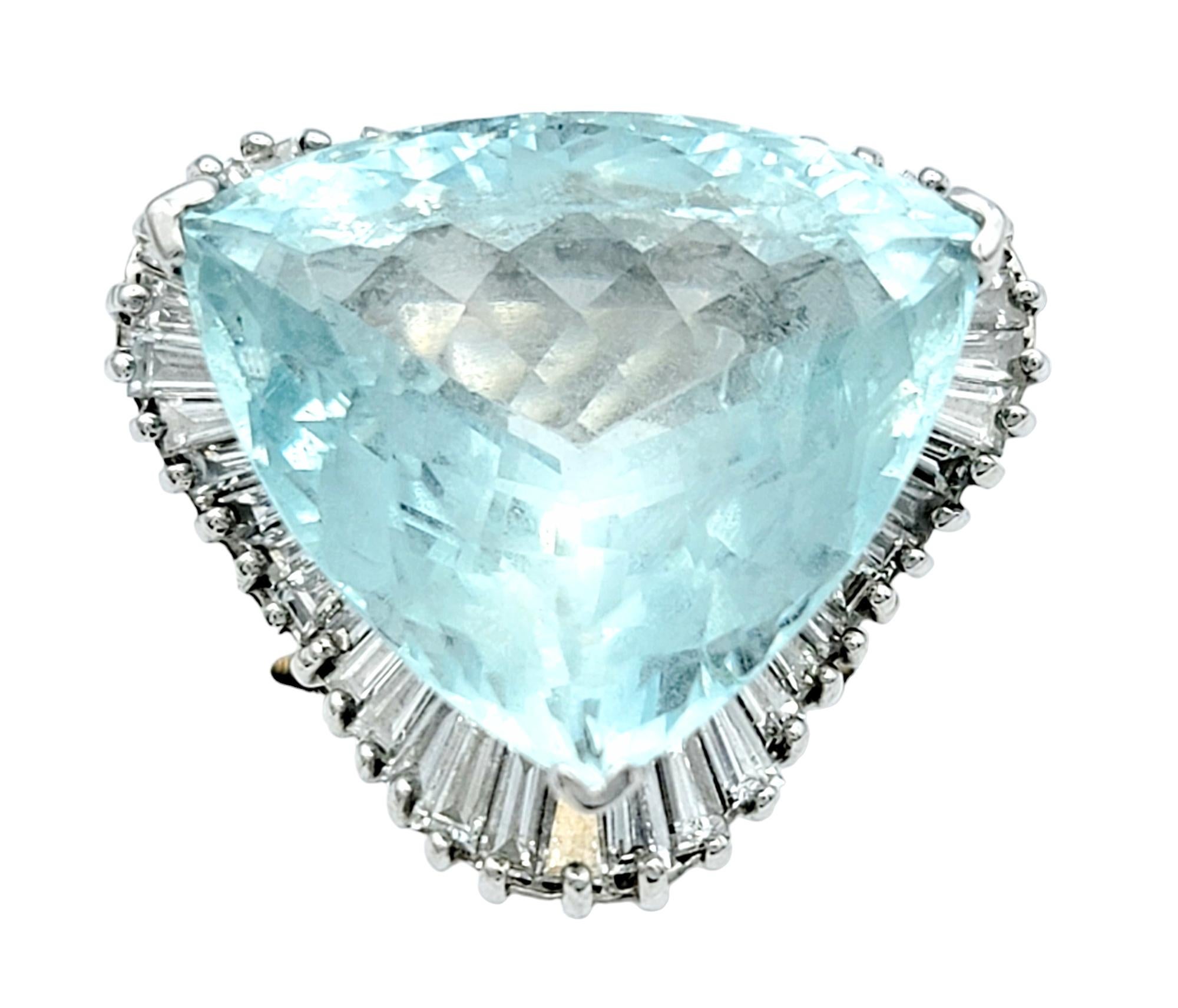 Contemporary 20.25 Carat Trillion Aquamarine Ring with Baguette Diamonds 14 Karat White Gold For Sale