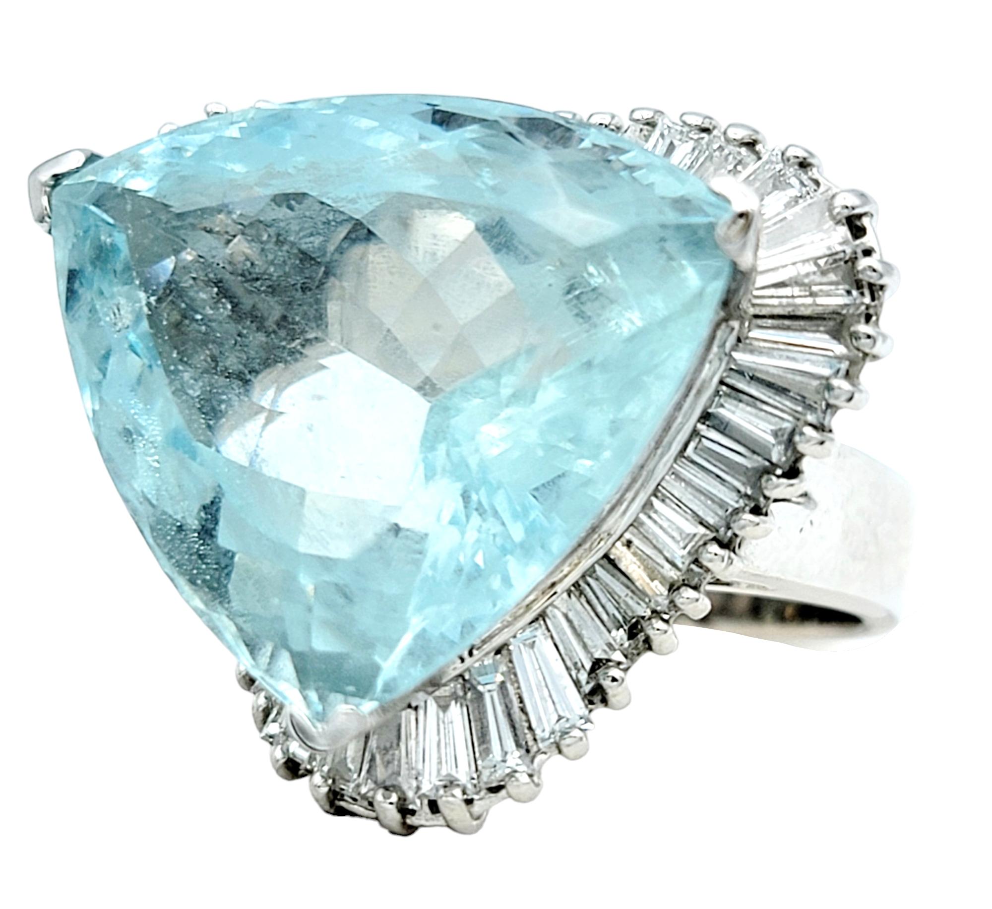 Trillion Cut 20.25 Carat Trillion Aquamarine Ring with Baguette Diamonds 14 Karat White Gold For Sale
