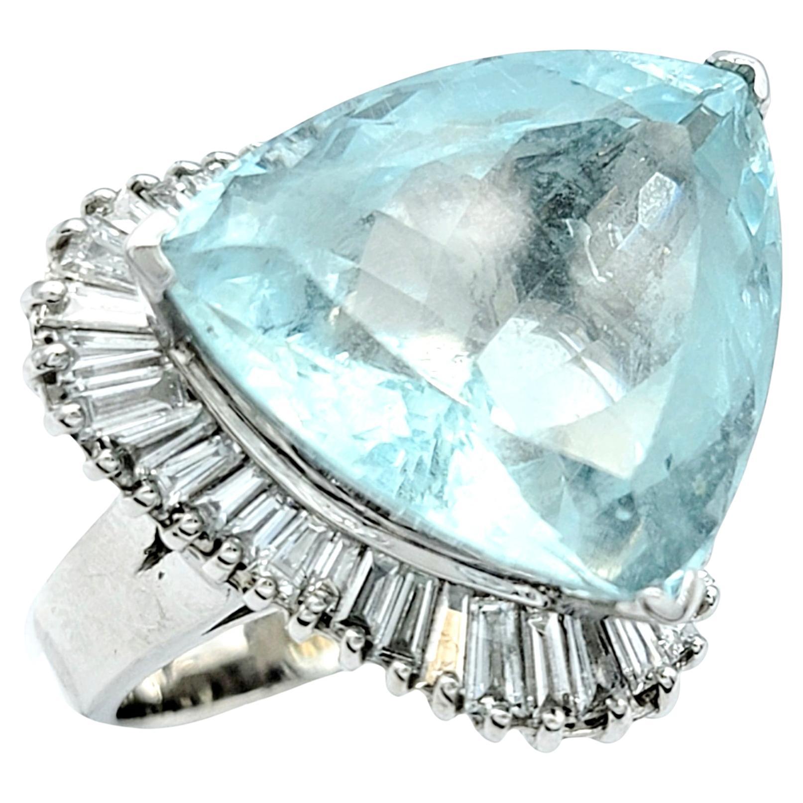 20.25 Carat Trillion Aquamarine Ring with Baguette Diamonds 14 Karat White Gold For Sale