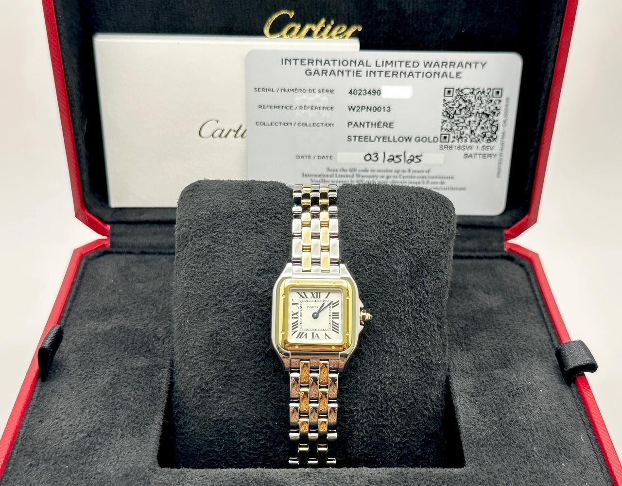 Style Number: W2PN0013



Year: 2025

 

Model: Cartier Panthere Small 

 

Case Material: Stainless Steel

 

Band: 18K Yellow Gold & Stainless Steel

 

Bezel: 18K Yellow Gold

 

Dial: Silver / White

 

Face: Sapphire Crystal

 

Case Size: