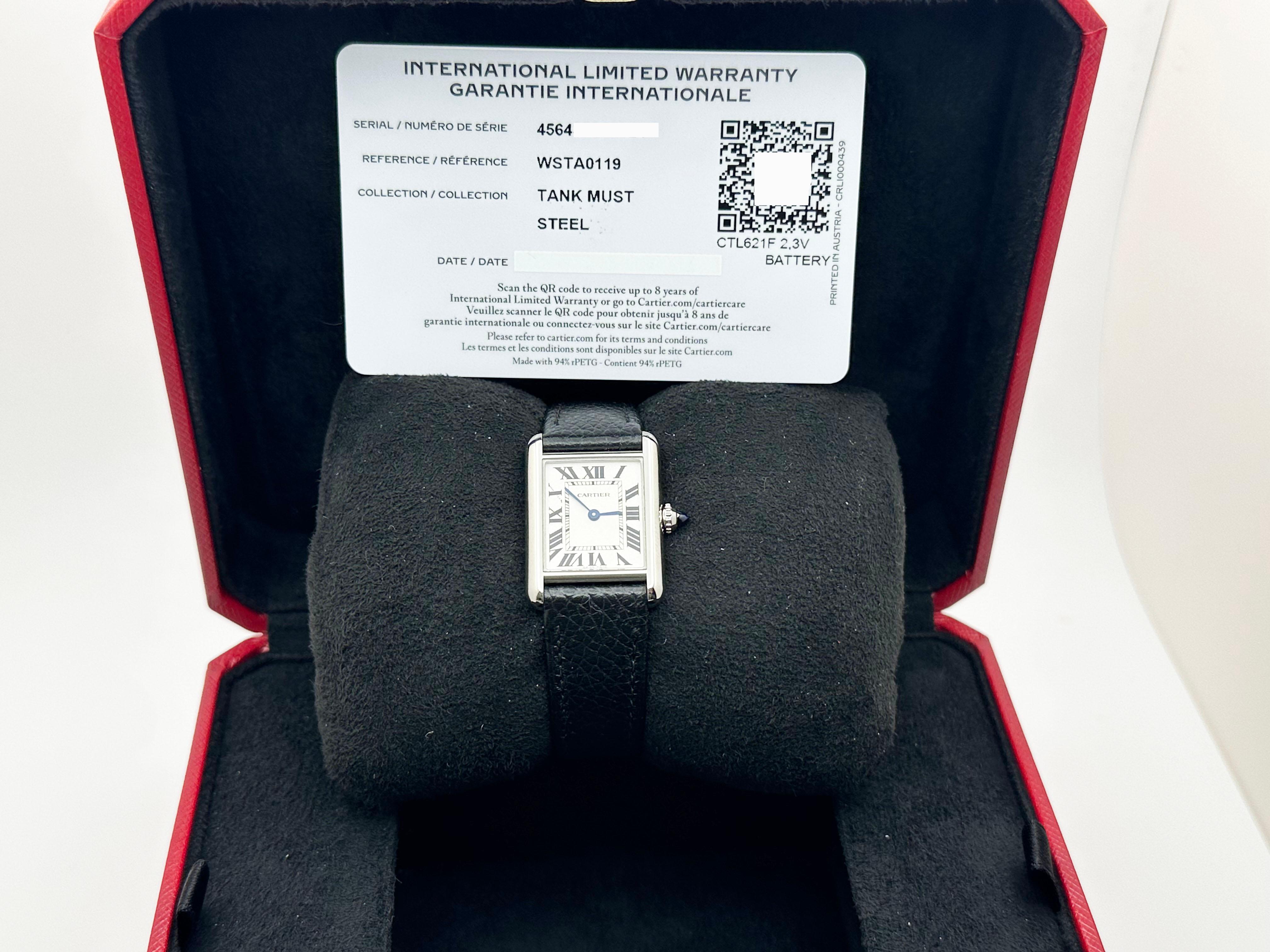 2025 Cartier Tank Must Solarbeat WSTA0119 Movimento fotovoltaico Steele Box Paper in vendita 7