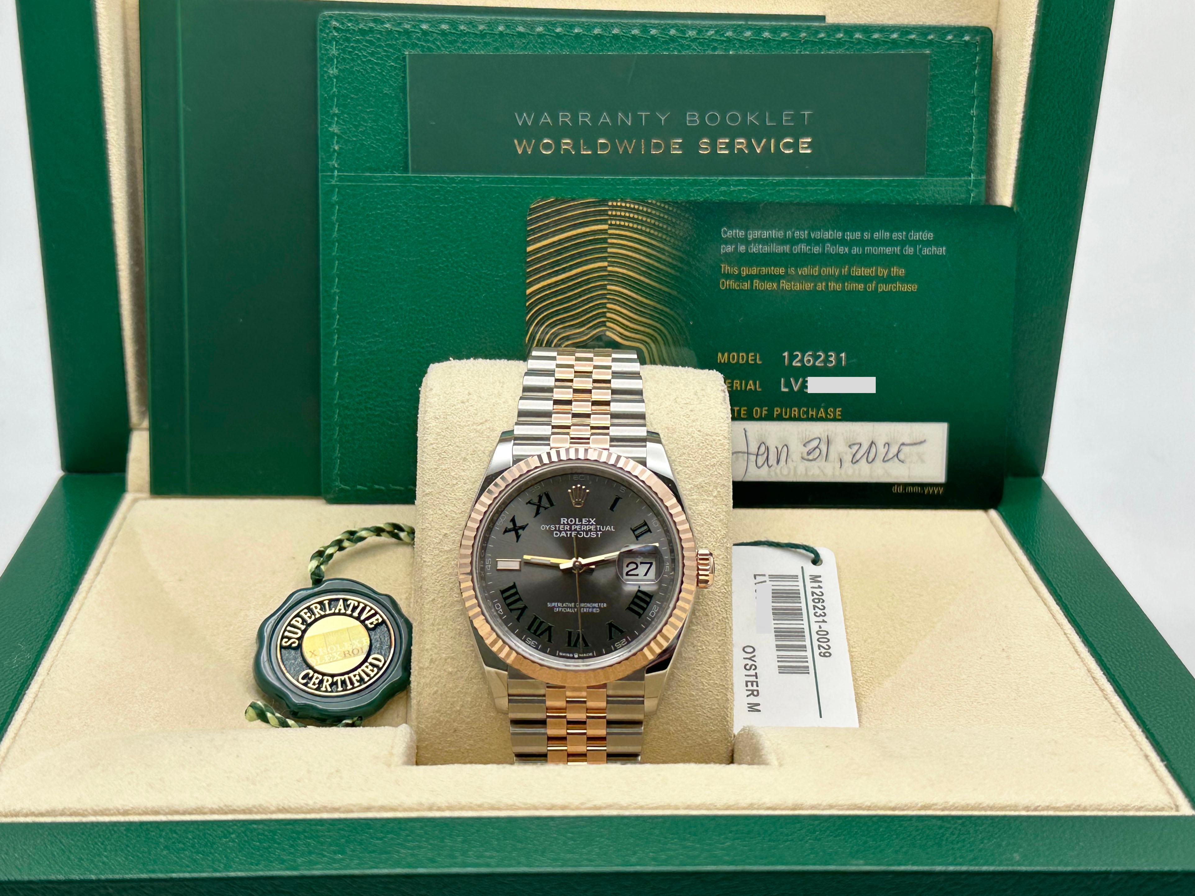 Style Number: 126231



Serial: LV365***



Year: 2025

 

Model: Rolex Datejust 

 

Case Material: Stainless Steel 

 

Band: 18K Rose Gold & Stainless Steel 

  

Bezel: 18K Rose Gold 

  

Dial: Wimbledon 

 

Face: Sapphire Crystal 

 

Case